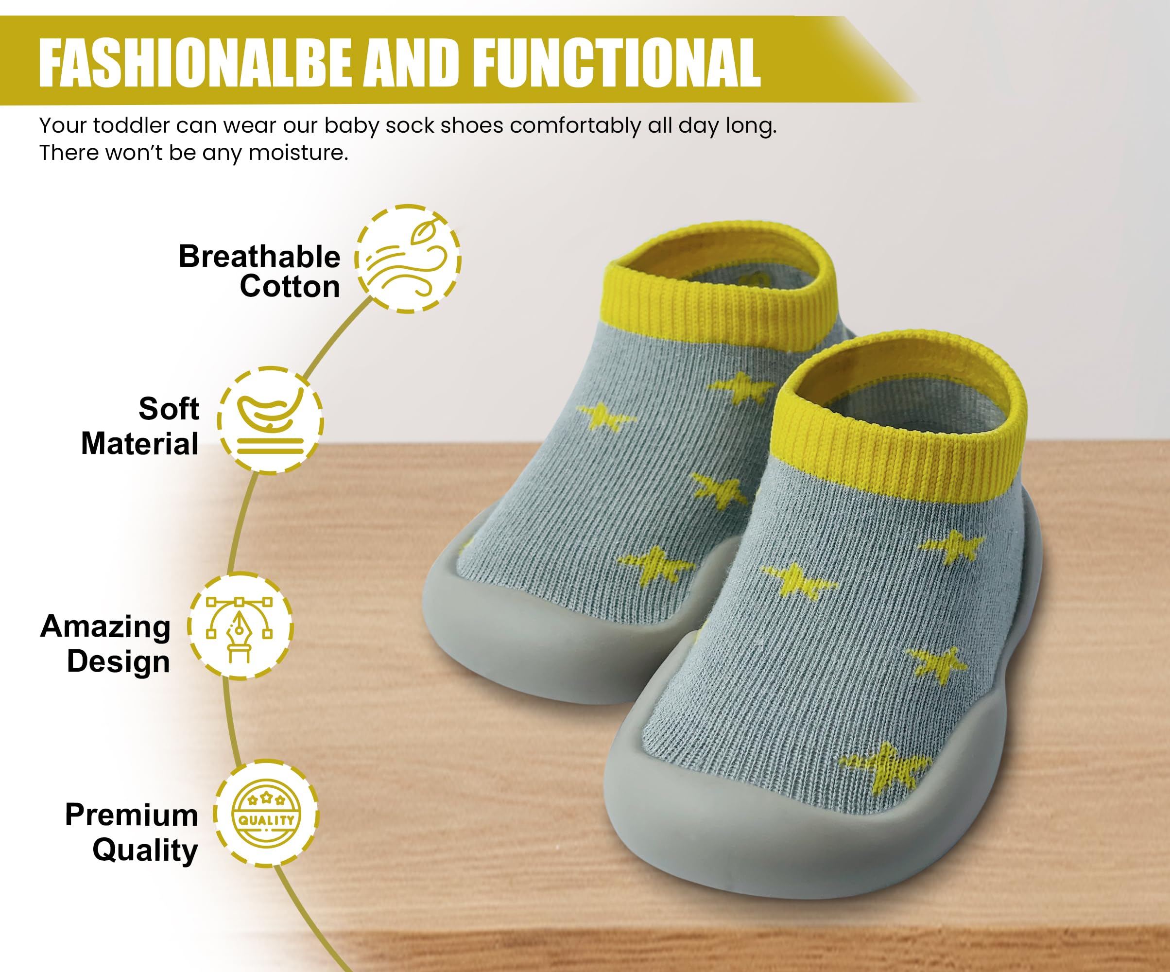 Dookeh Baby First Walking Shoes Non Slip Soft Sole Sneakers Yellow Toddler12-18M