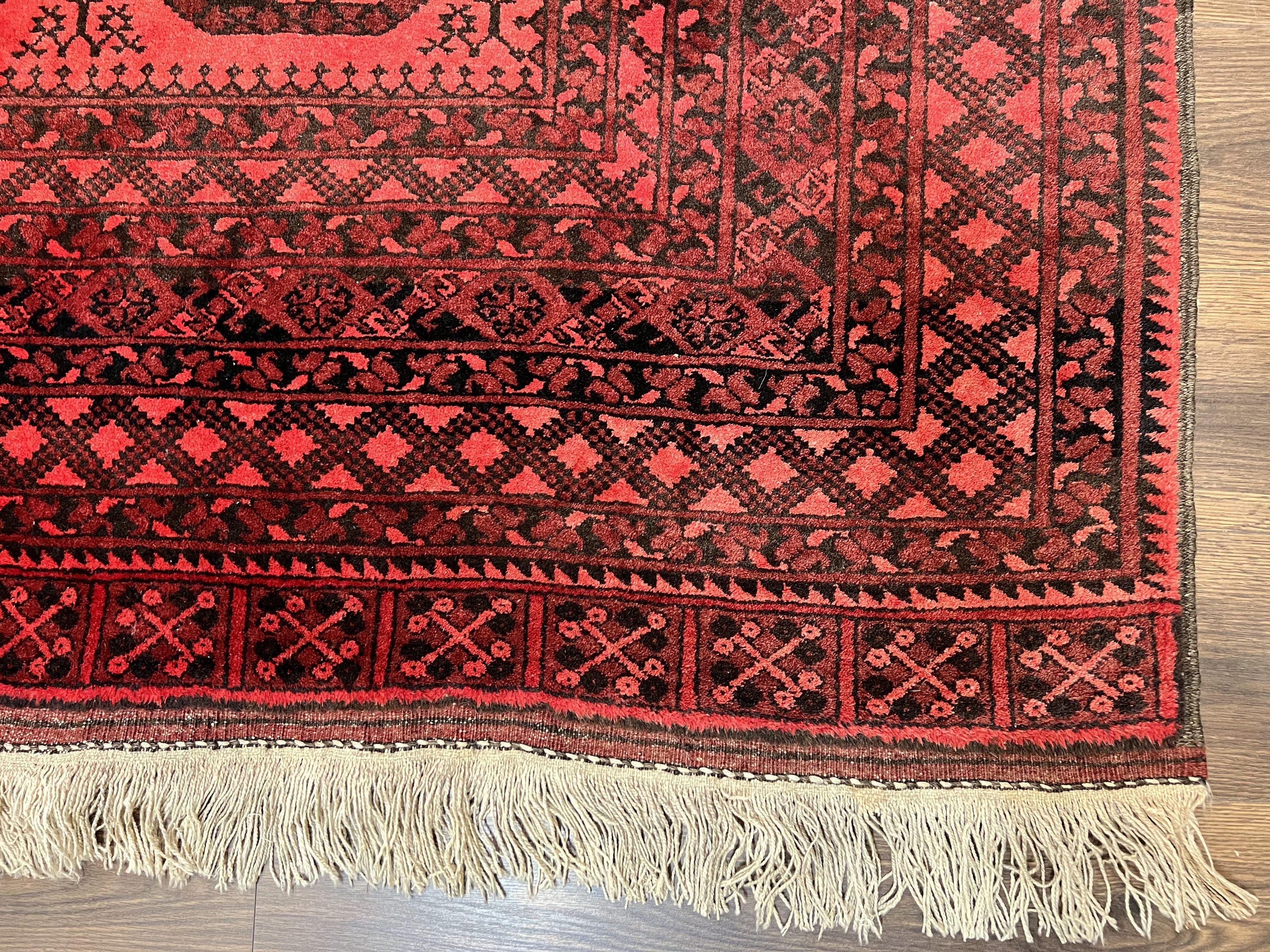 Afghan Turkoman Rug 7x10, Vintage Yamud Beshir Bokhara Carpet, Red and Black Bukhara Hand-Knotted Oriental Wool Handmade Rug, Elephant Foot