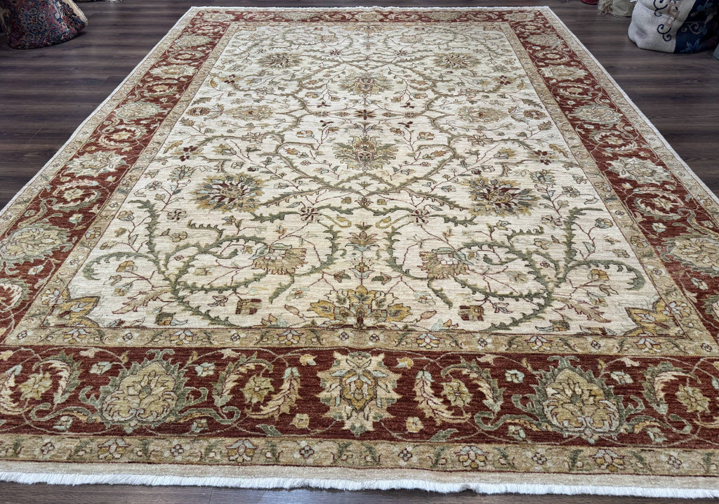 Pakistani Rug 9x12, Floral Allover Peshawar Carpet, Chobi, Beige and Rust Red, Traditional