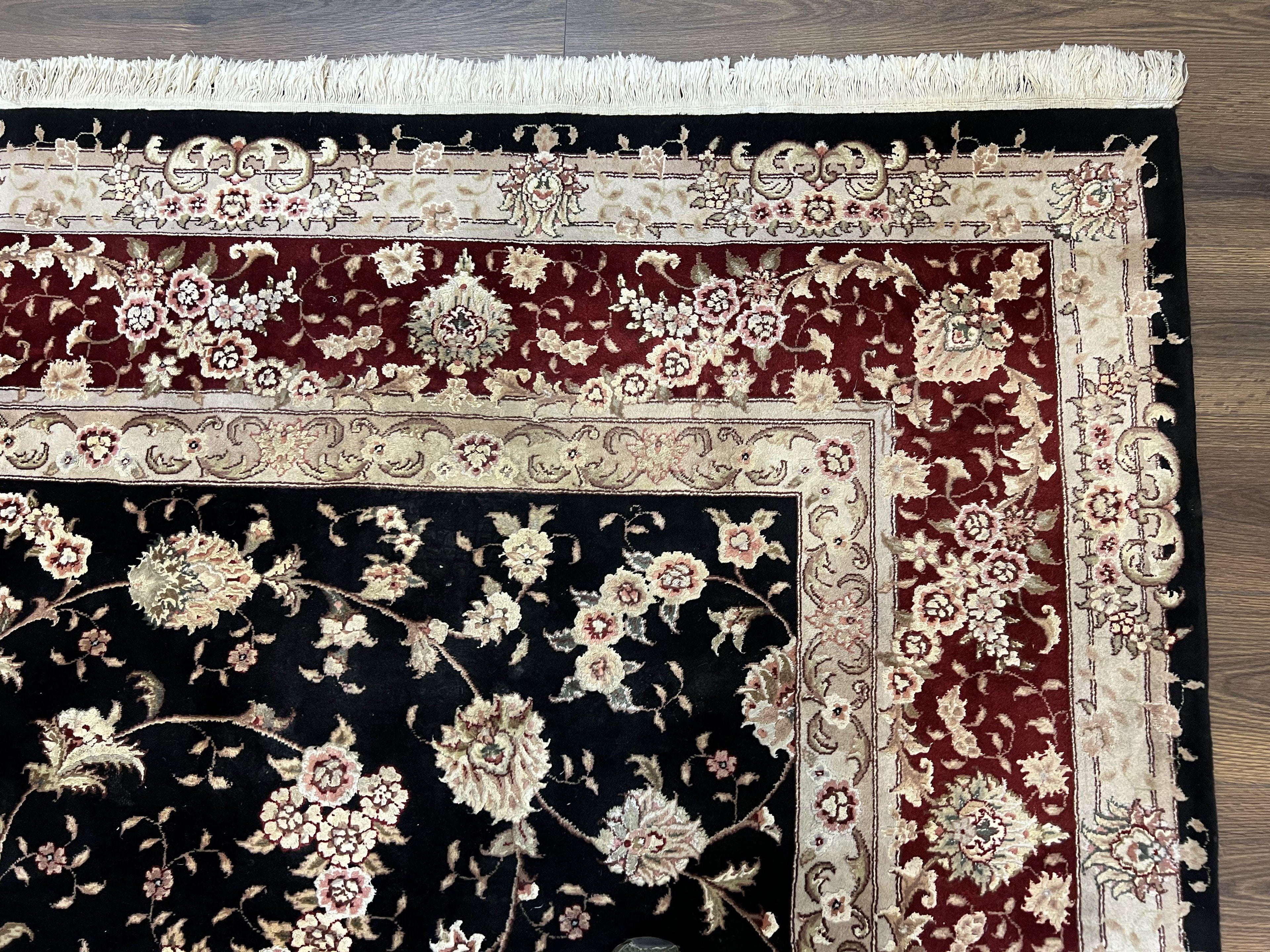 Sino Persian Rug 9x12, High Quality Oriental Carpet, Black and Maroon, Wool and Silk, Allover Floral Pattern, Hand Knotted, Vintage Rug Nice