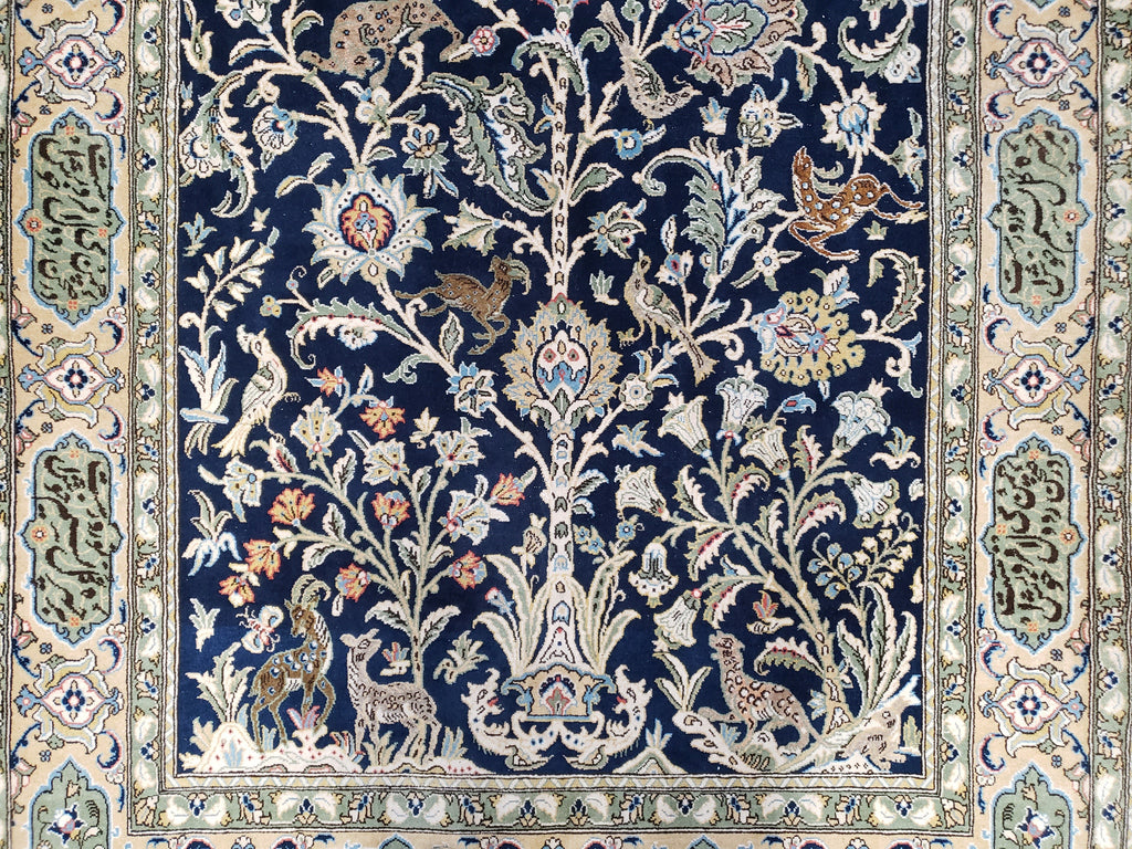 Semi Antique Persian Qum Tree of Life Rug, Hand-Knotted, Wool, Midnight Blue and Tan, Animal Pictorials, Written Poem in Borders, 4' 8" x 7' 8"