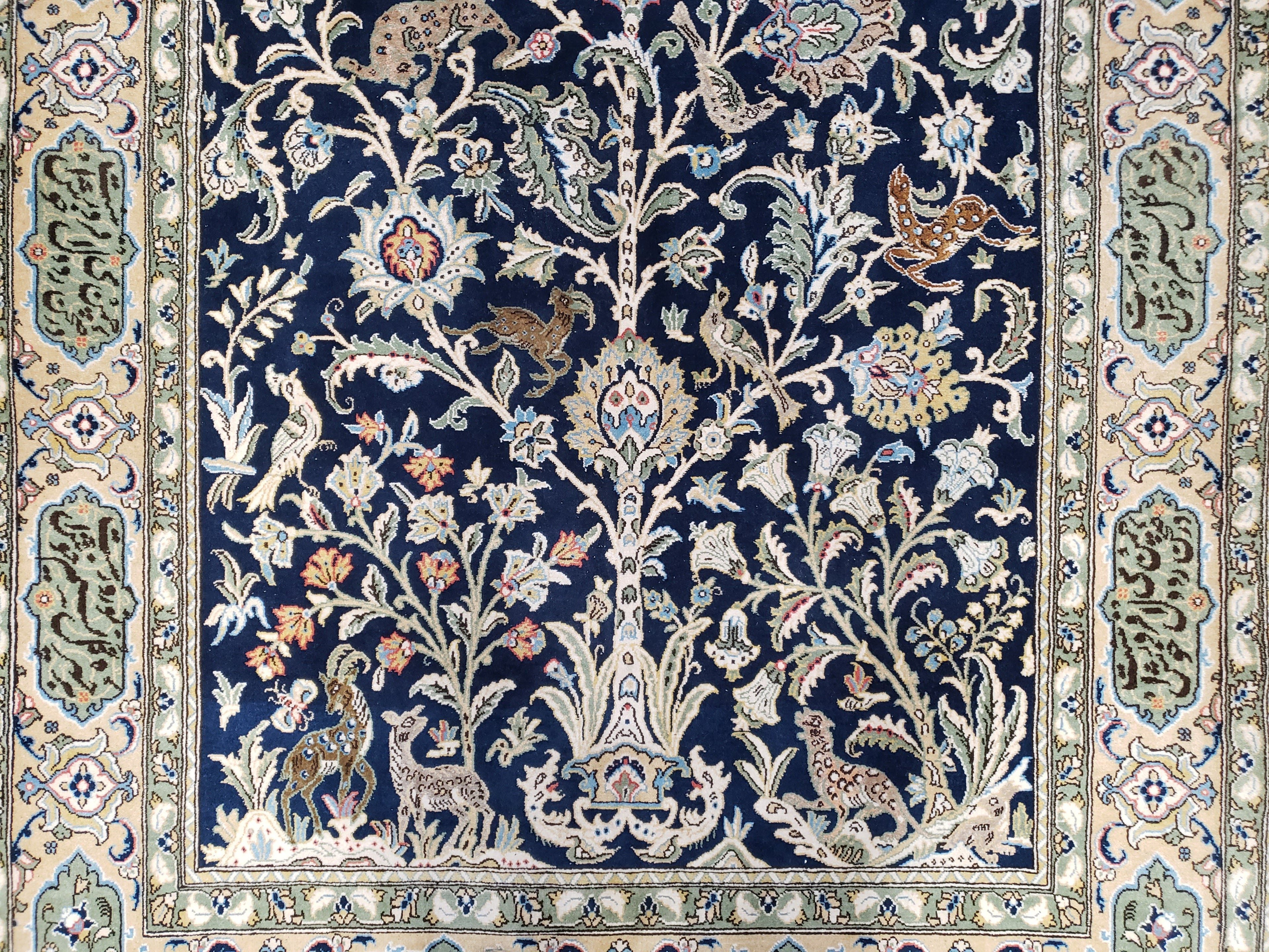 Semi Antique Persian Qum Tree of Life Rug, Hand-Knotted, Wool, Midnight Blue and Tan, Animal Pictorials, Written Poem in Borders, 4' 8" x 7' 8"
