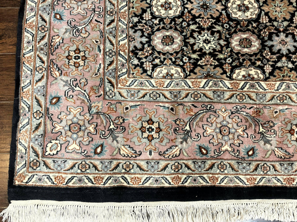 Indo Persian Rug 9x12, Vintage Handmade Wool Carpet, Repeated Allover Motif, Navy Blue and Pink
