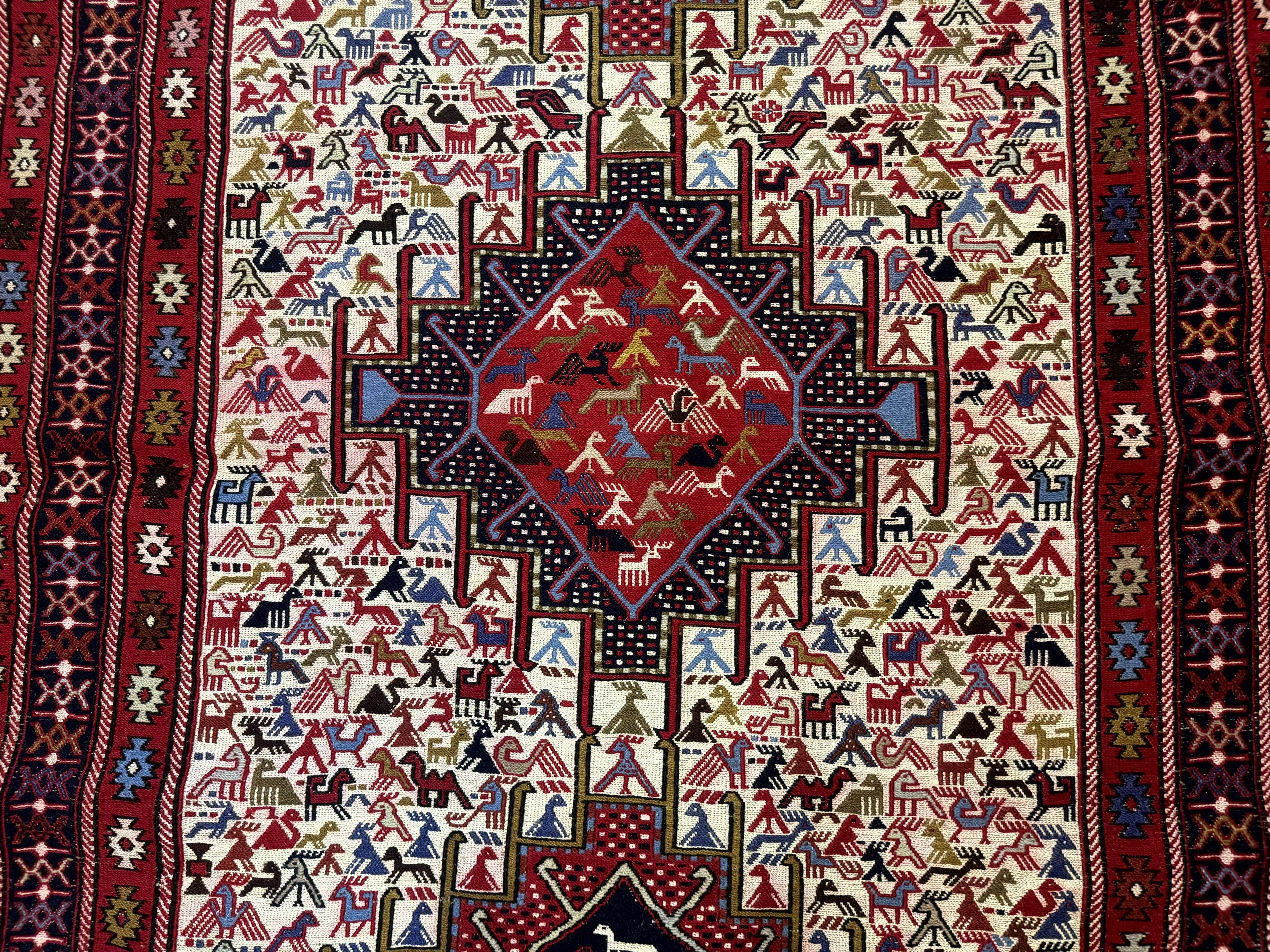 Persian Soumak Kilim Rug 4x6, Triple Medallions Tribal Pictorials, Caucasian Azerbaijani Kilim