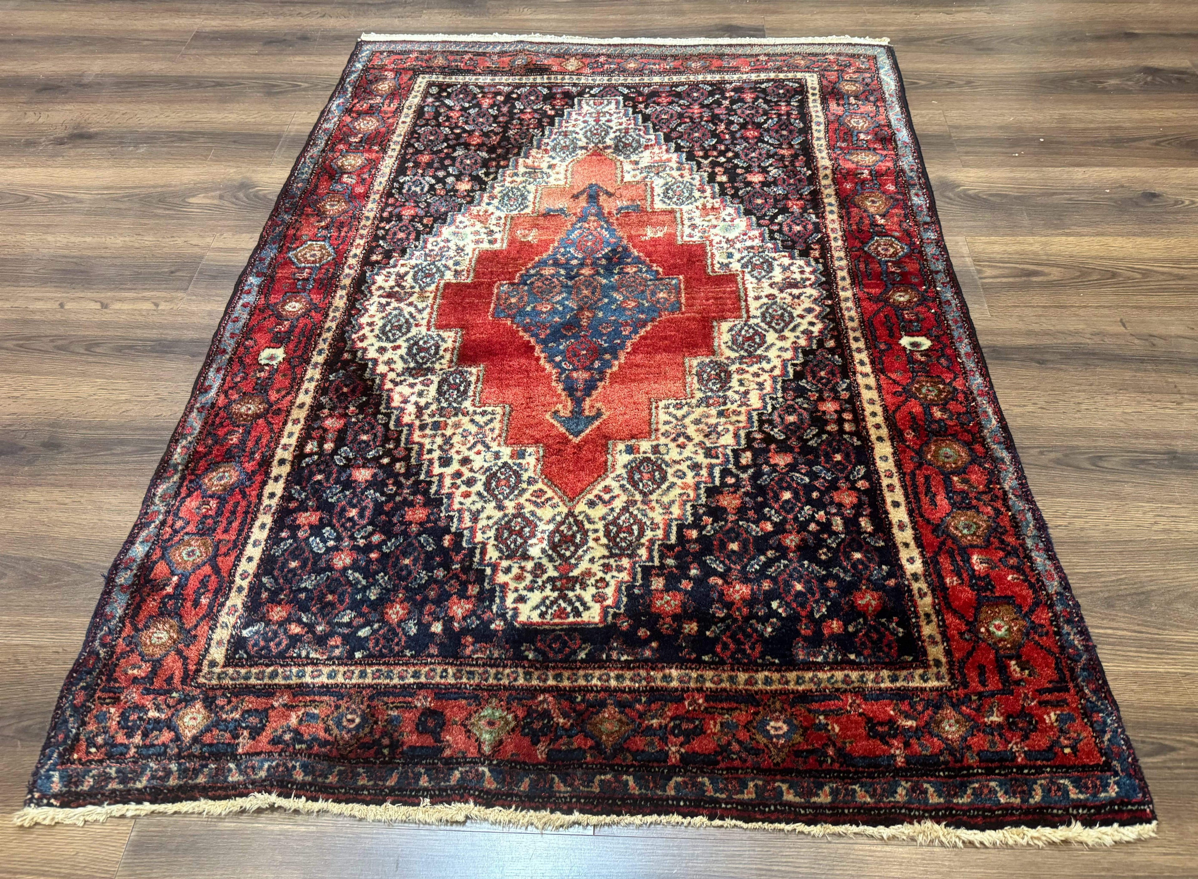 Antique Persian Kurdish Senneh Rug 4x5 Tribal Carpet Wool Geometric Medallion