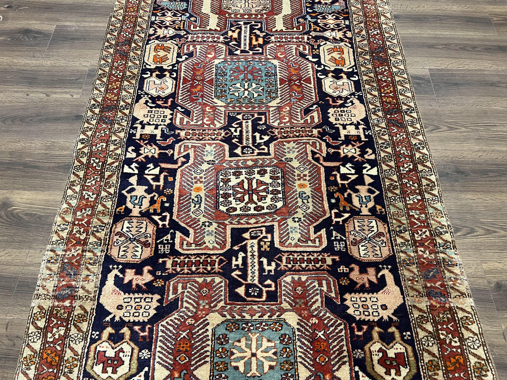 Persian Ardabil Wide Runner Rug 4x10 - Geometric Medallions & Animal Pictorials