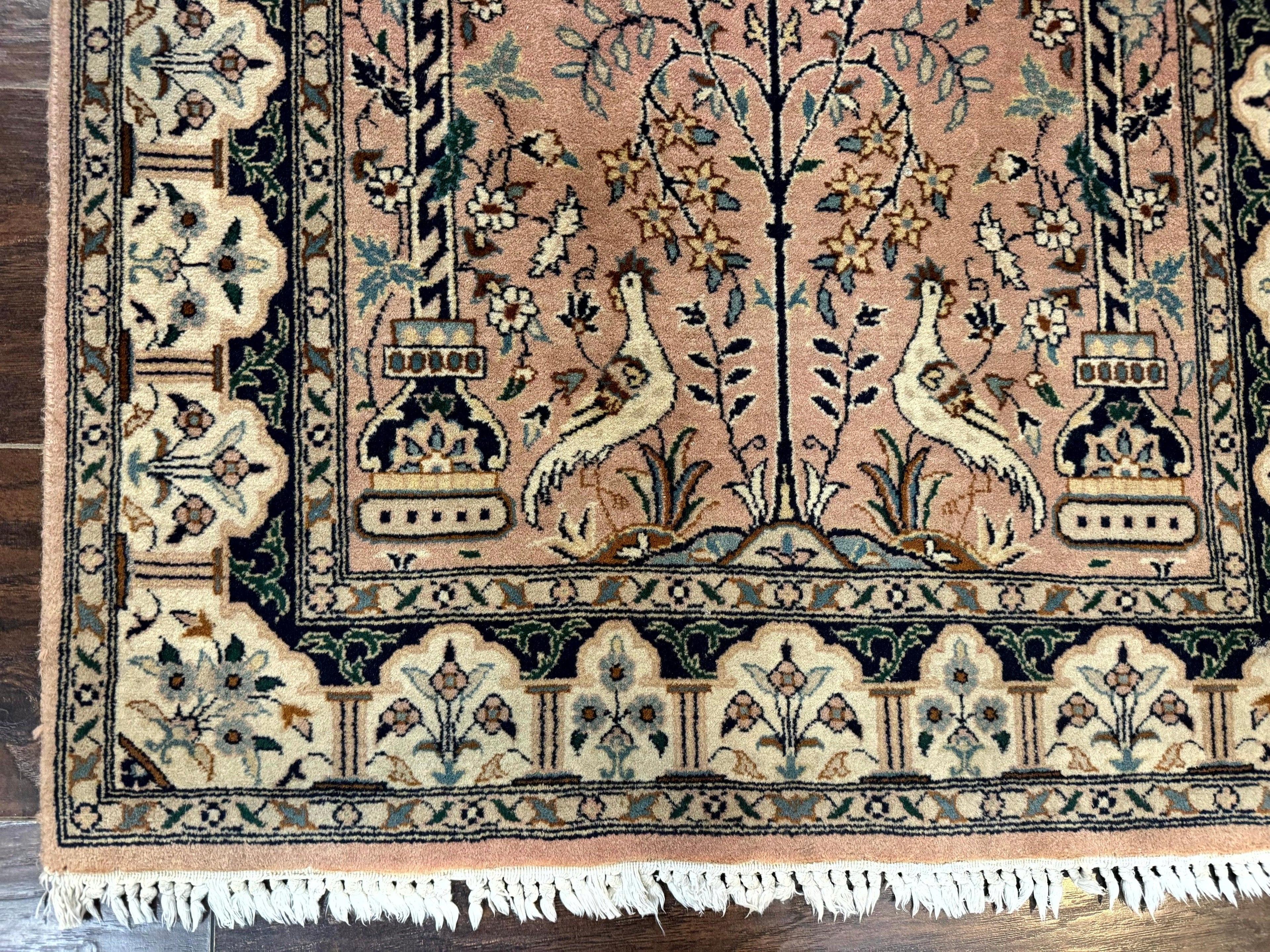 Small Tree of Life Prayer Rug, Pak Persian Rug 2.7 x 4, , Birds, Lantern, Handmade Vintage Fine 260 KPSI
