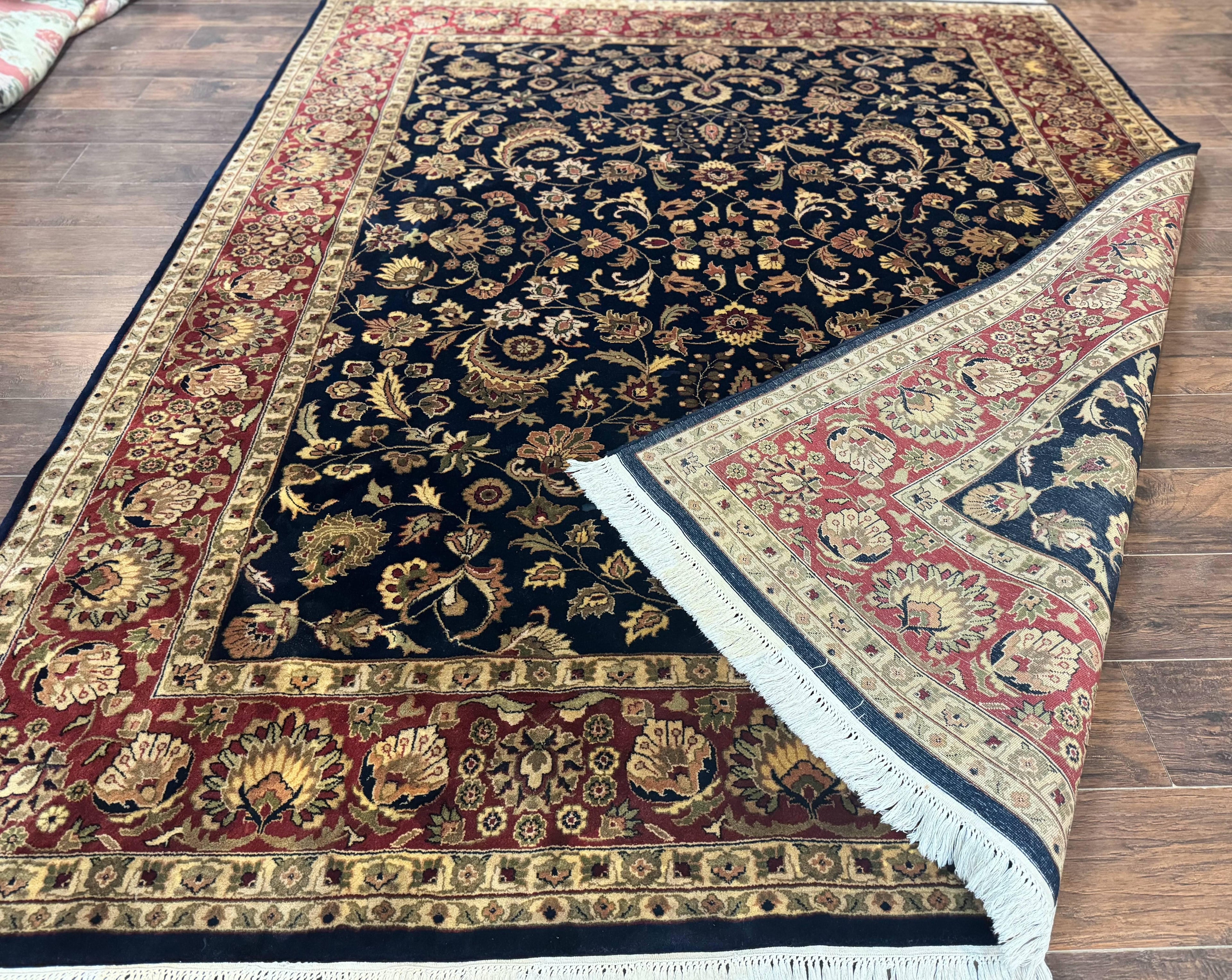 Indo Persian Rug 8x10, Navy Blue and Red, Floral Allover, Hand Knotted Vintage Wool Carpet, Indo Sarouk
