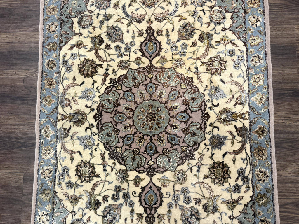 Persian Isfahan Rug 3x5, Fine 310 KPSI, Kork Wool Silk Foundation, Cream & Light Green