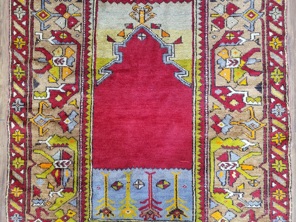 Antique Turkish Prayer Rug 3.8 x 5ft, Colorful Prayer Rug, Red Blue Gold Multicolor Turkish Anatolian Carpet, Handmade Hand-Knotted, Wool