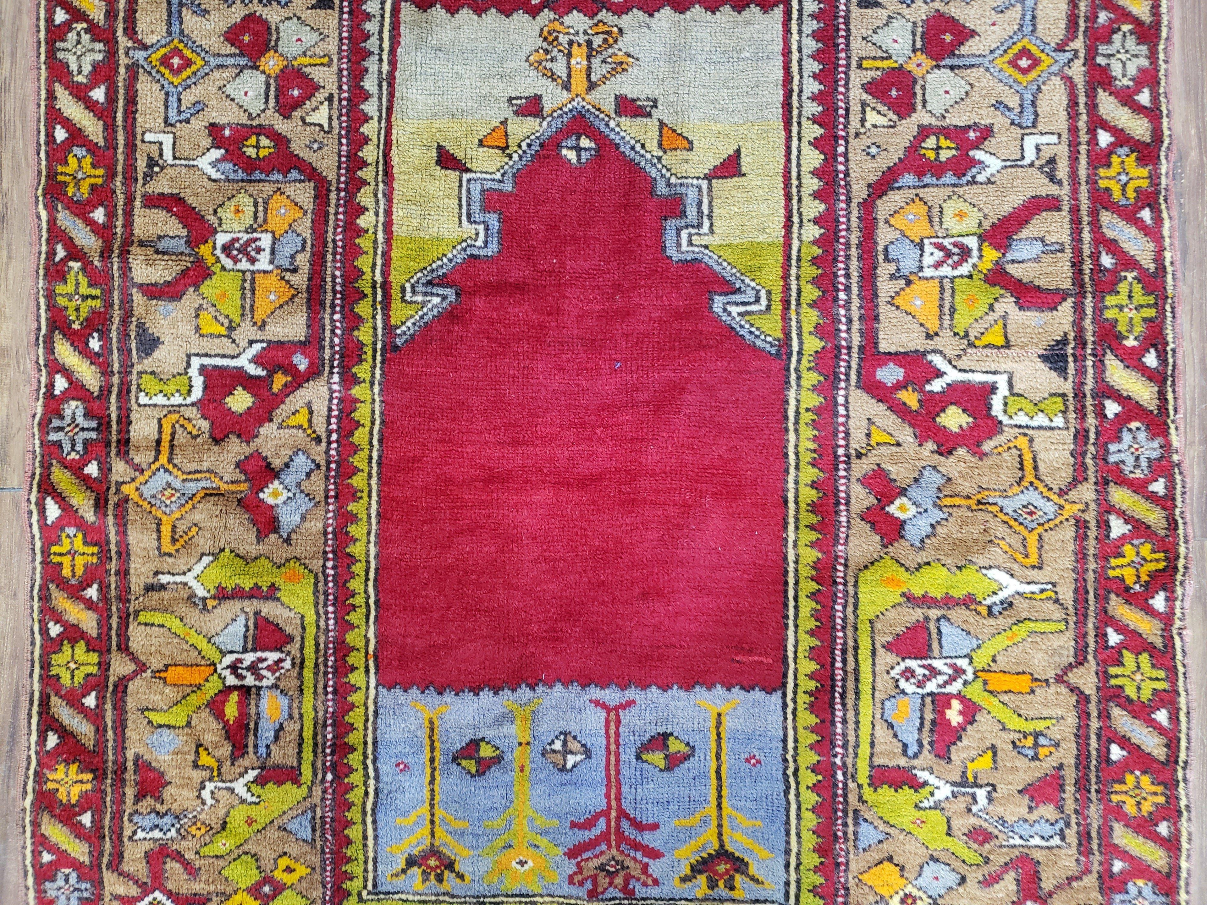 Antique Turkish Prayer Rug 3.8 x 5ft, Colorful Prayer Rug, Red Blue Gold Multicolor Turkish Anatolian Carpet, Handmade Hand-Knotted, Wool