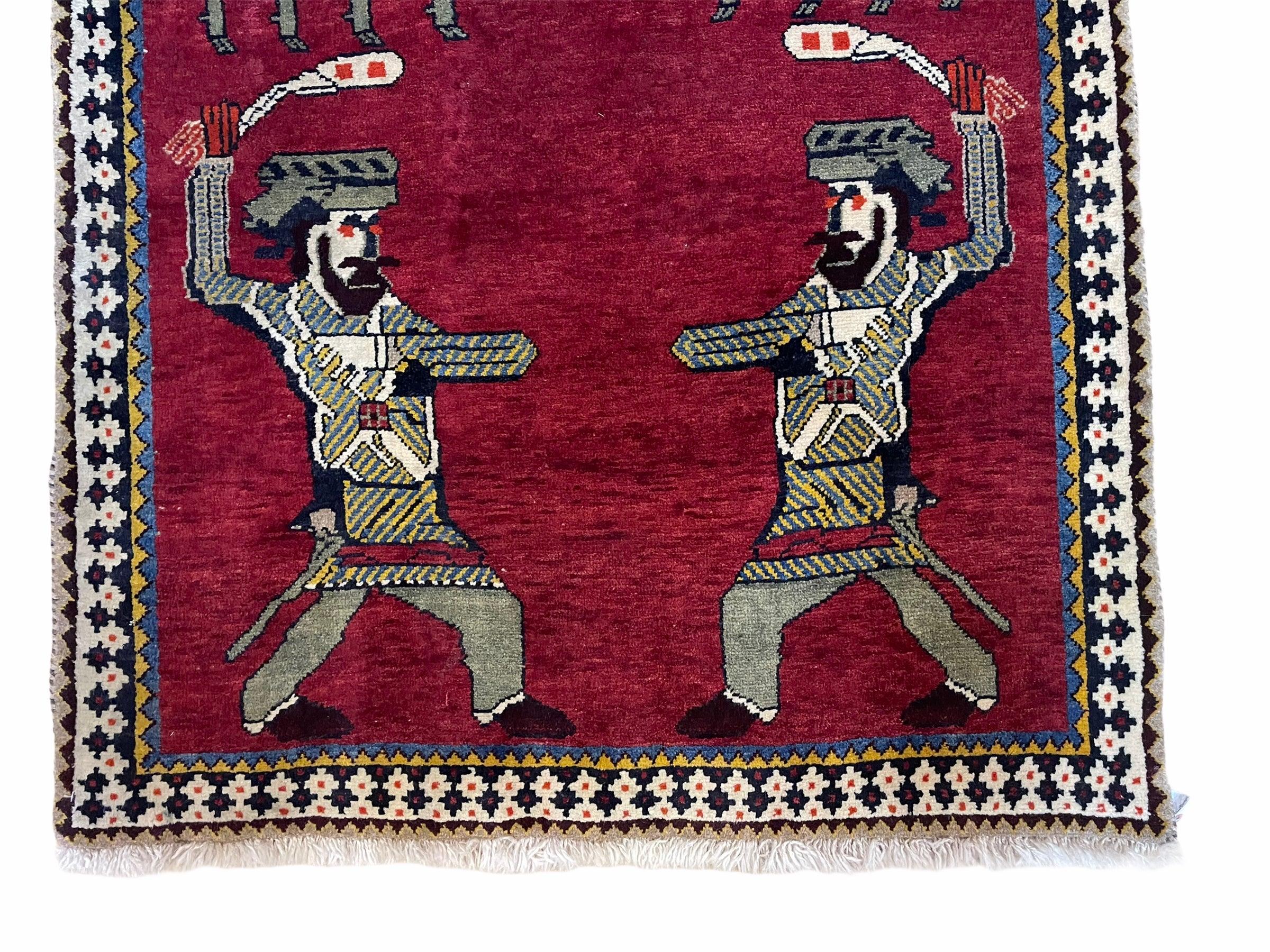 3 X 6 Handmade Wool Rug Tribal Balouch Warriors Deer Animal Pictorial Red Swords