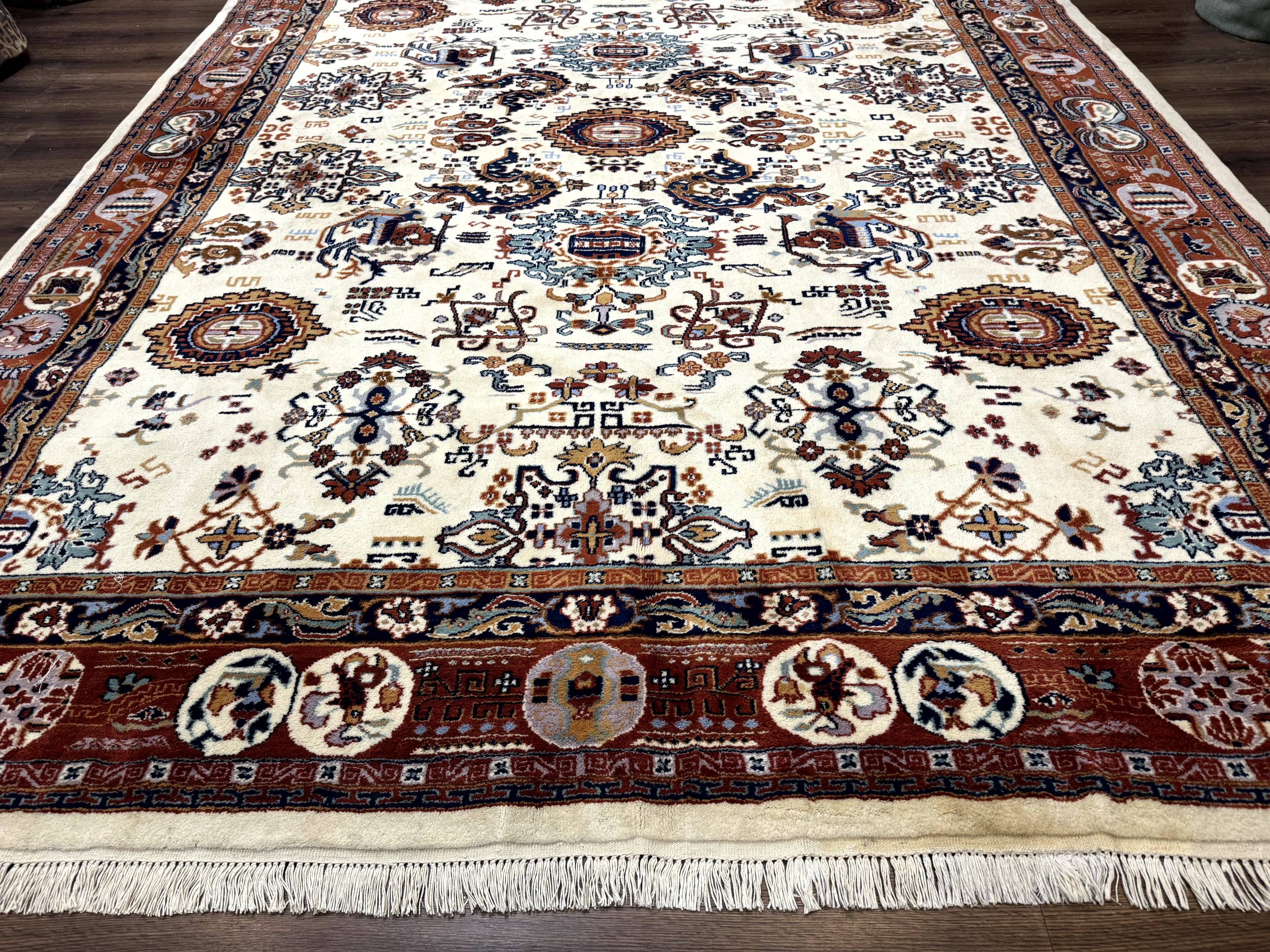 Indo Chinese Wool Rug 9x12, Ivory and Rust Red, Dragon Motifs