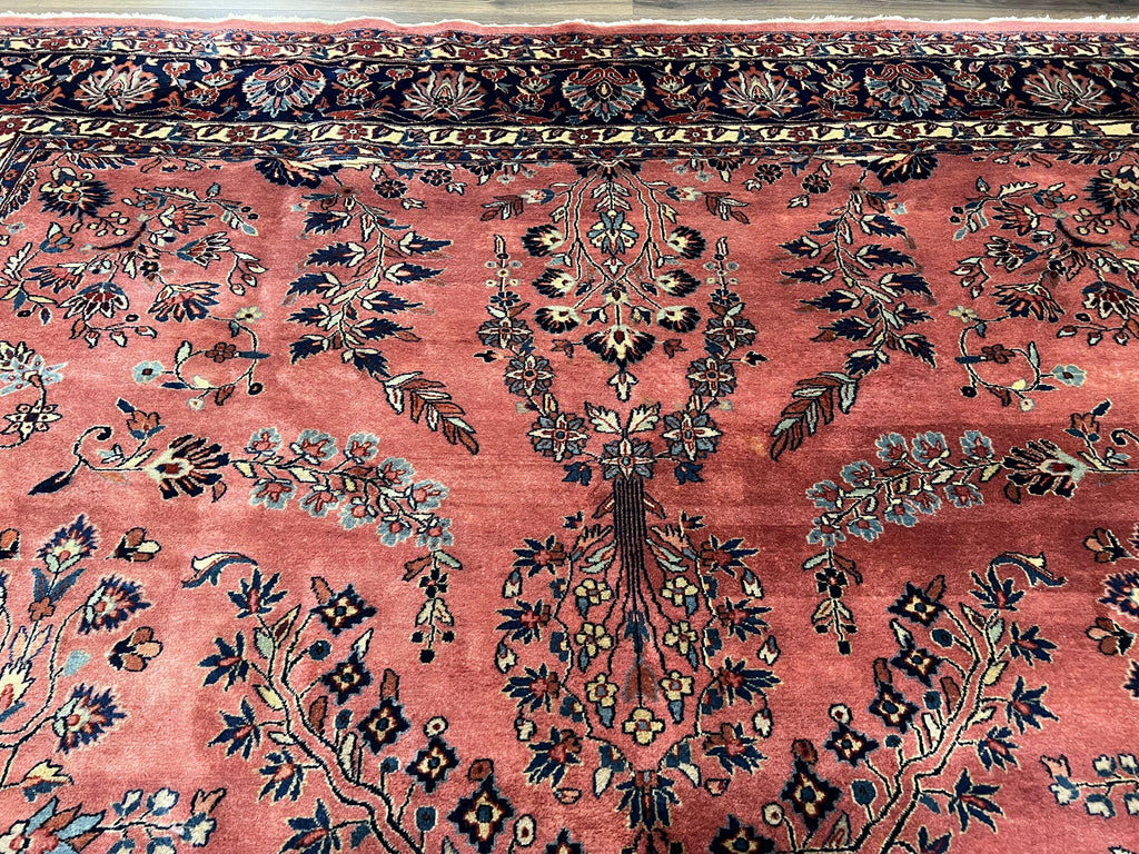 Indo Sarouk Rug 10x14, Vintage Indian Persian Area Rug 10 x 14, Wool Hand-Knotted Oriental Carpet, Red Floral Allover Large Rug, Beautiful