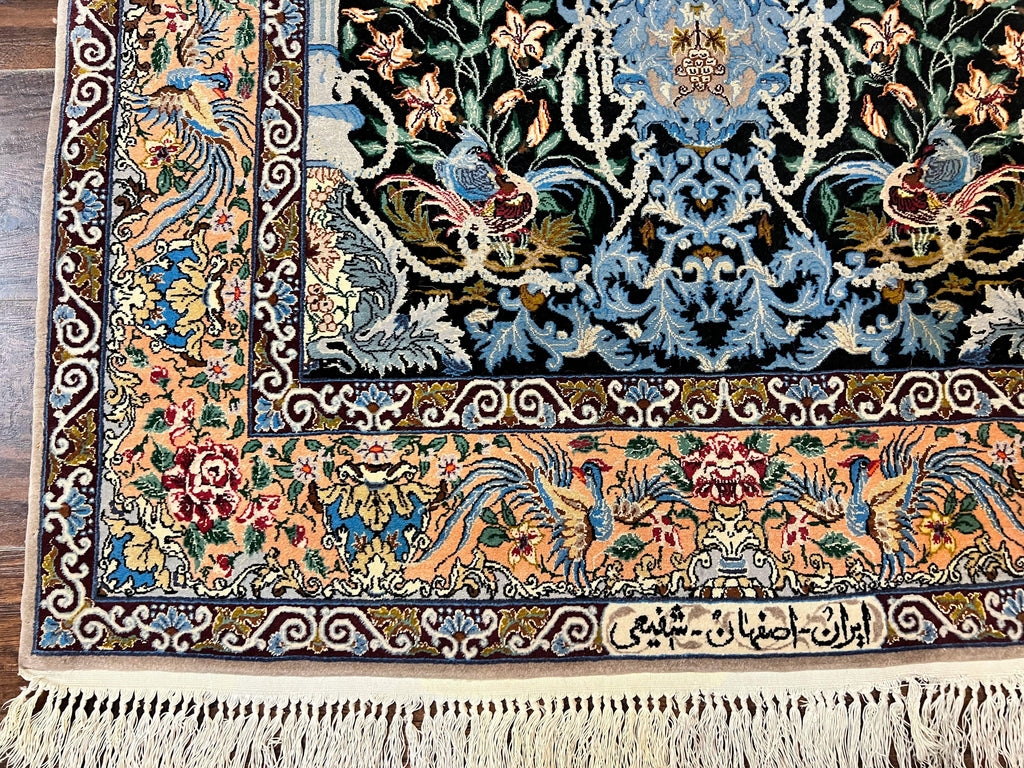 Wonderful Persian Isfahan Rug 3.7 x 5, Kork Wool on Silk Foundation, Very Fine 460 KPSI, Tree of Life Persian Vase Design Animal Pictorials Peacocks