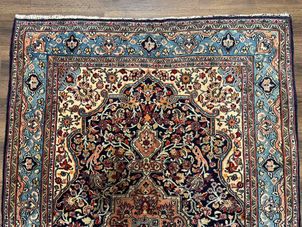 Persian Qum Rug 5x7 in Navy Light Blue and Ivory, Wool wilh Silk Highlights, 225 KPSI