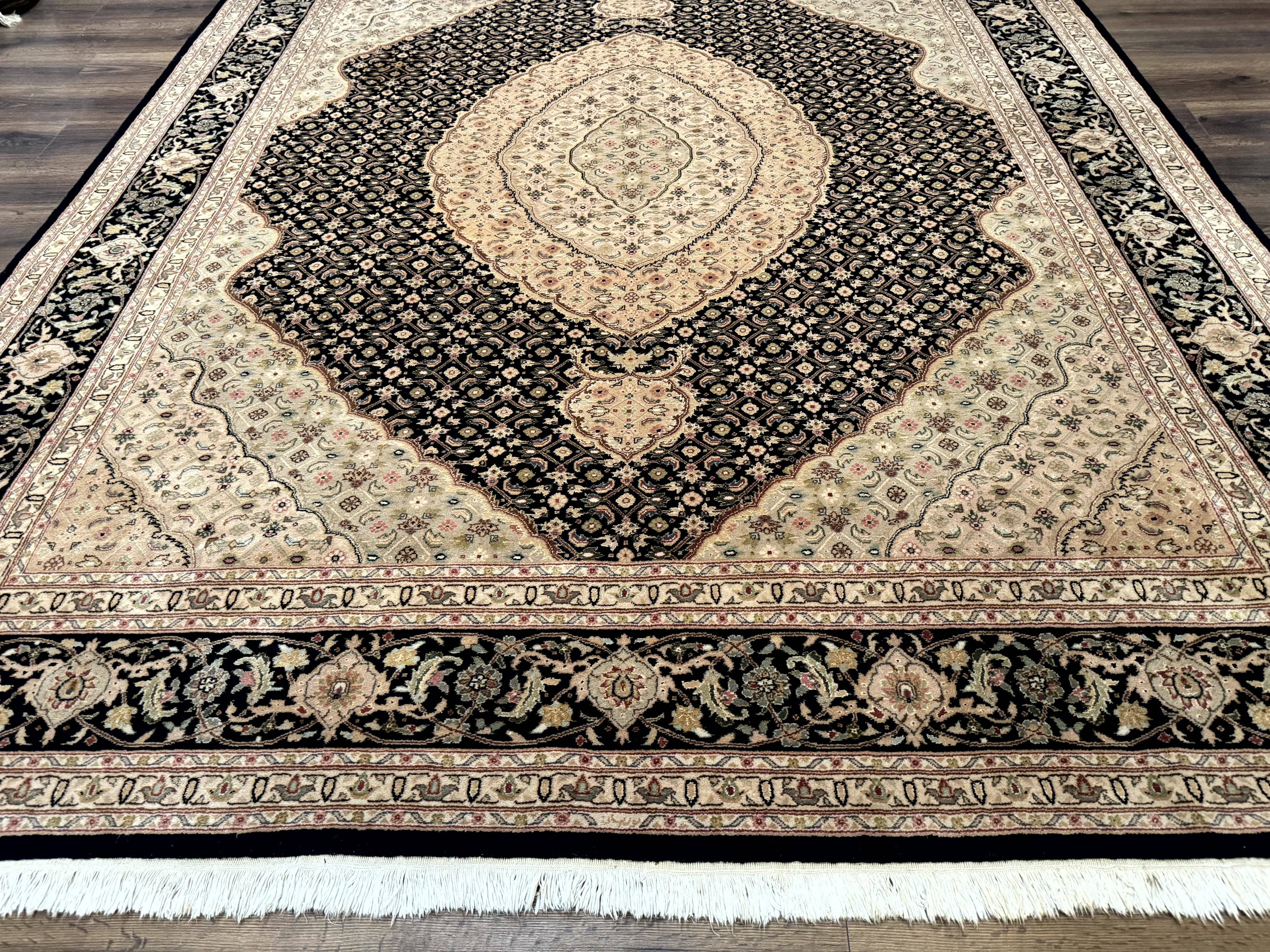 Sino Persian Rug 8x10, Herati Mahi Pattern, Fine 170 KPSI, Black, Wool and Silk Highlights