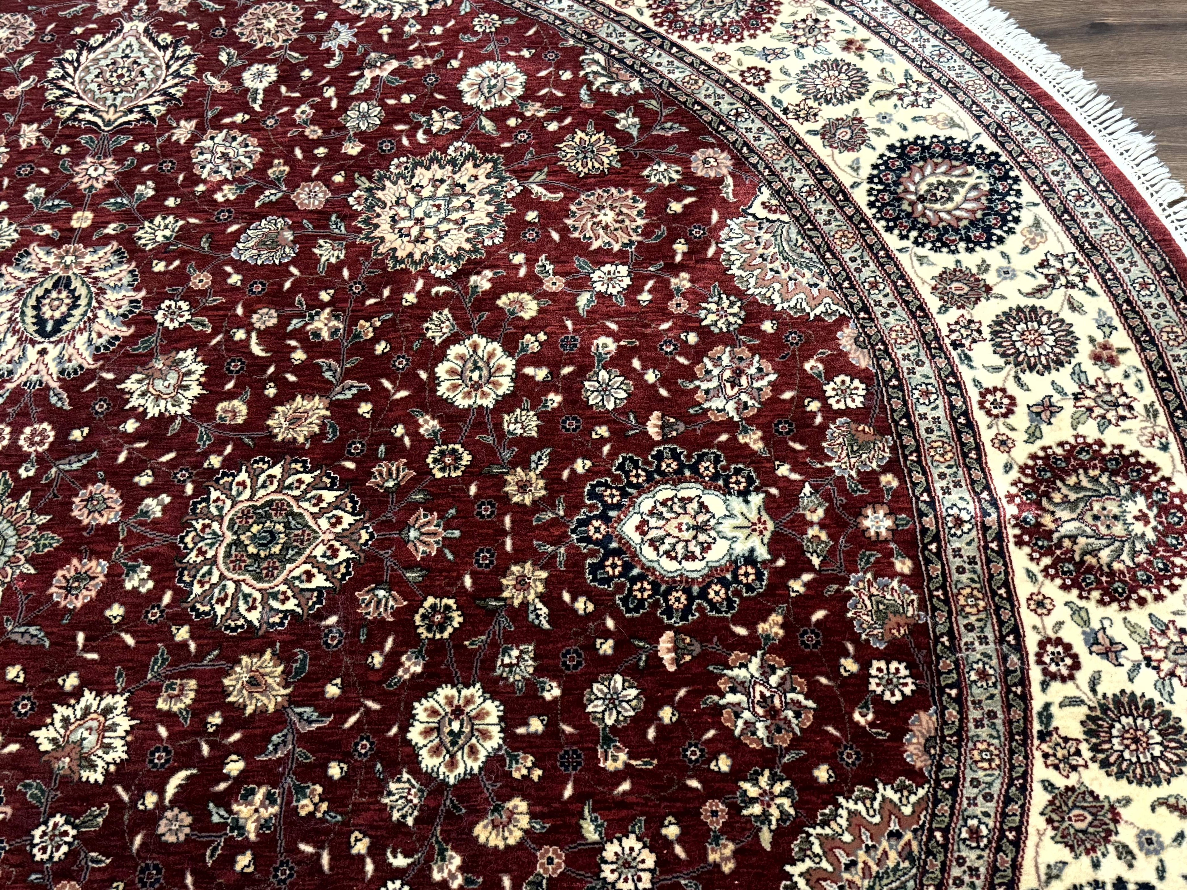 Round Sino Persian Rug 9x9, Burgundy and Cream, Floral, Wool and Silk, 9ft Round Carpet