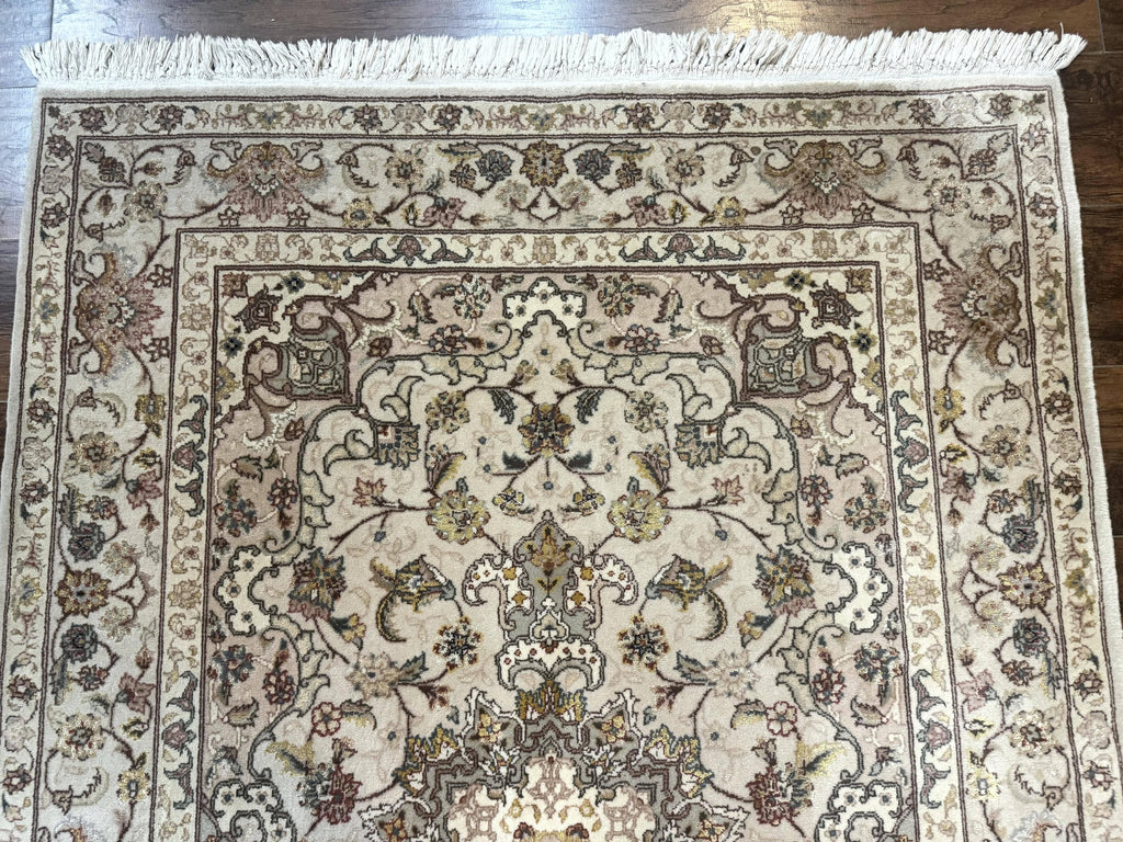 Pak Persian Rug 4x6, Floral Medallion, Beige, Wool and Silk Highlights, Vintage Handmade Rug
