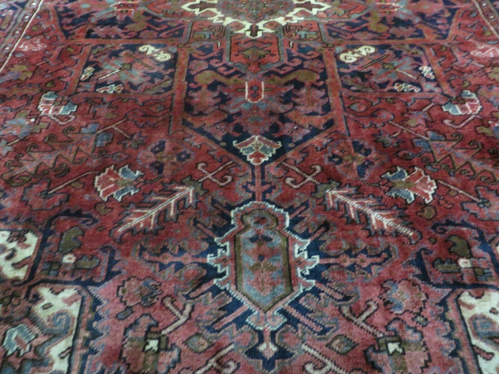 Persian Rug 8x11 Room Sized Heriz Carpet, Hand Knotted Wool Rug, Vintage Semi Antique, Geometric Medallion, Wine Red Cream Dark Blue, Wow