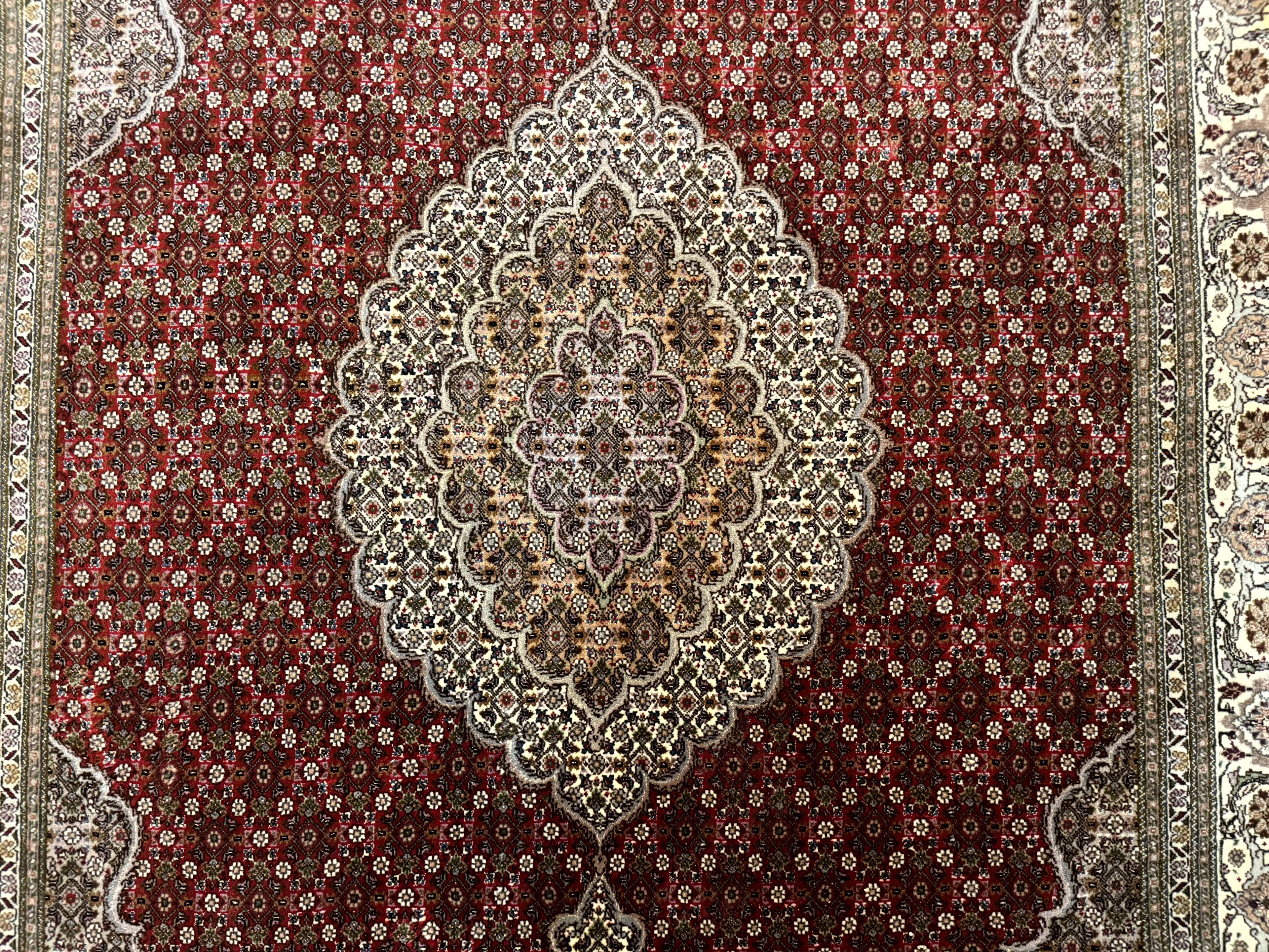 Persian Rug 5x7, Very Fine 330 KPSI, Red and Ivory, Herati Mahi Pattern, Wool & Silk