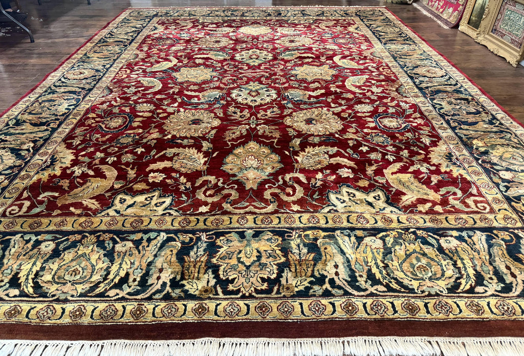 Indo Persian Rug 10x14, Indian Agra Carpet, Vintage Handmade Wool Large Traditional Rug, Dark Red Navy Blue Beige