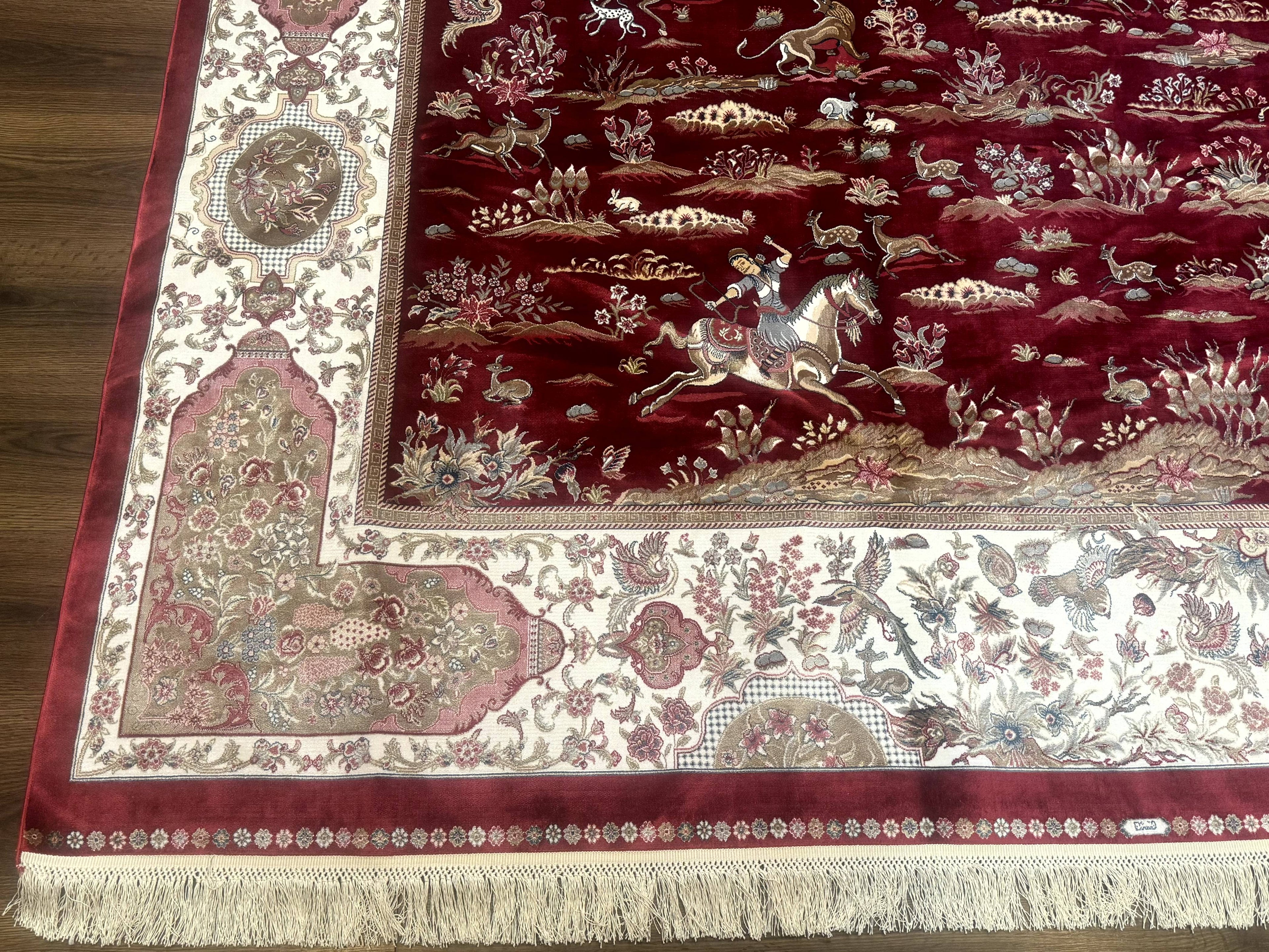 Turkish Silk Rug 8x10, Red & Ivory, Hunting Design, Bamboo Silk, New