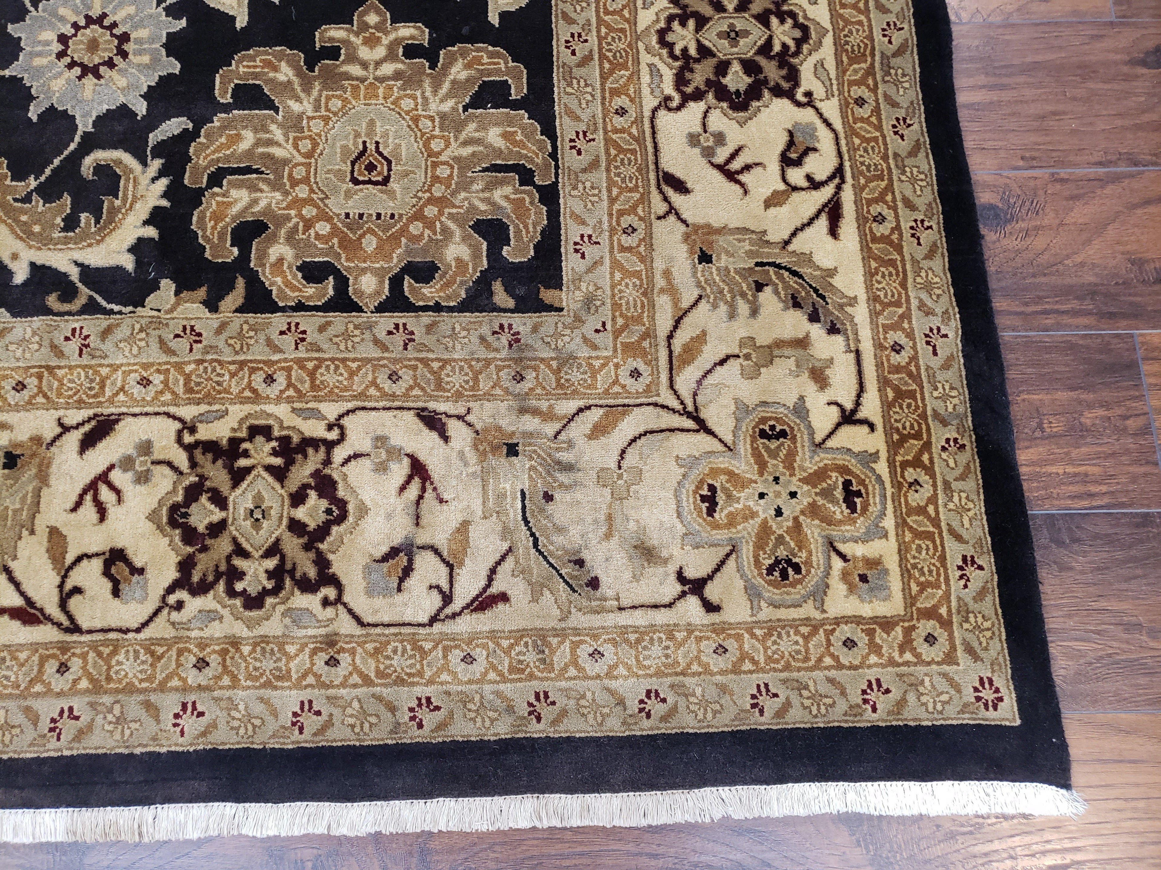 Indo Mahal Rug 8x12, Indian Sultanabad Handmade Area Rug, Vintage Hand-Knotted Wool Black Floral Traditional Oriental Dinning Room Rug