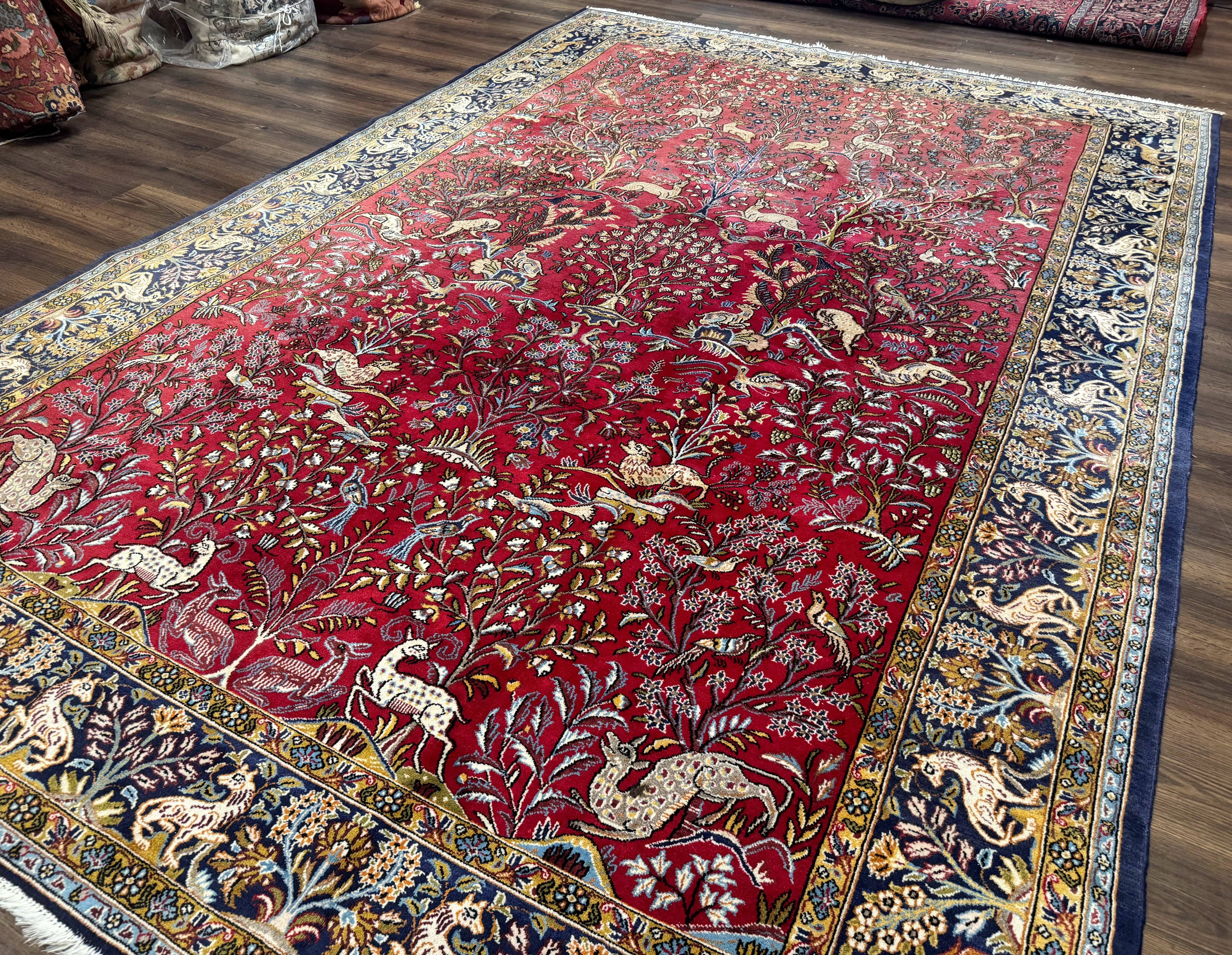 Persian Qum Rug 9x12, Animal Pictorials, Deer Birds, Tree of Life, Red and Navy Blue