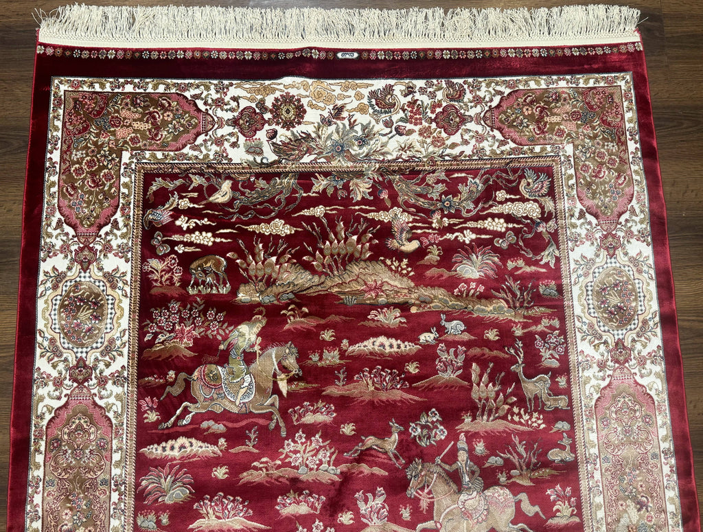 Turkish Silk Hunting Design Rug 4x6, Dark Red & Ivory, Bamboo Silk, New