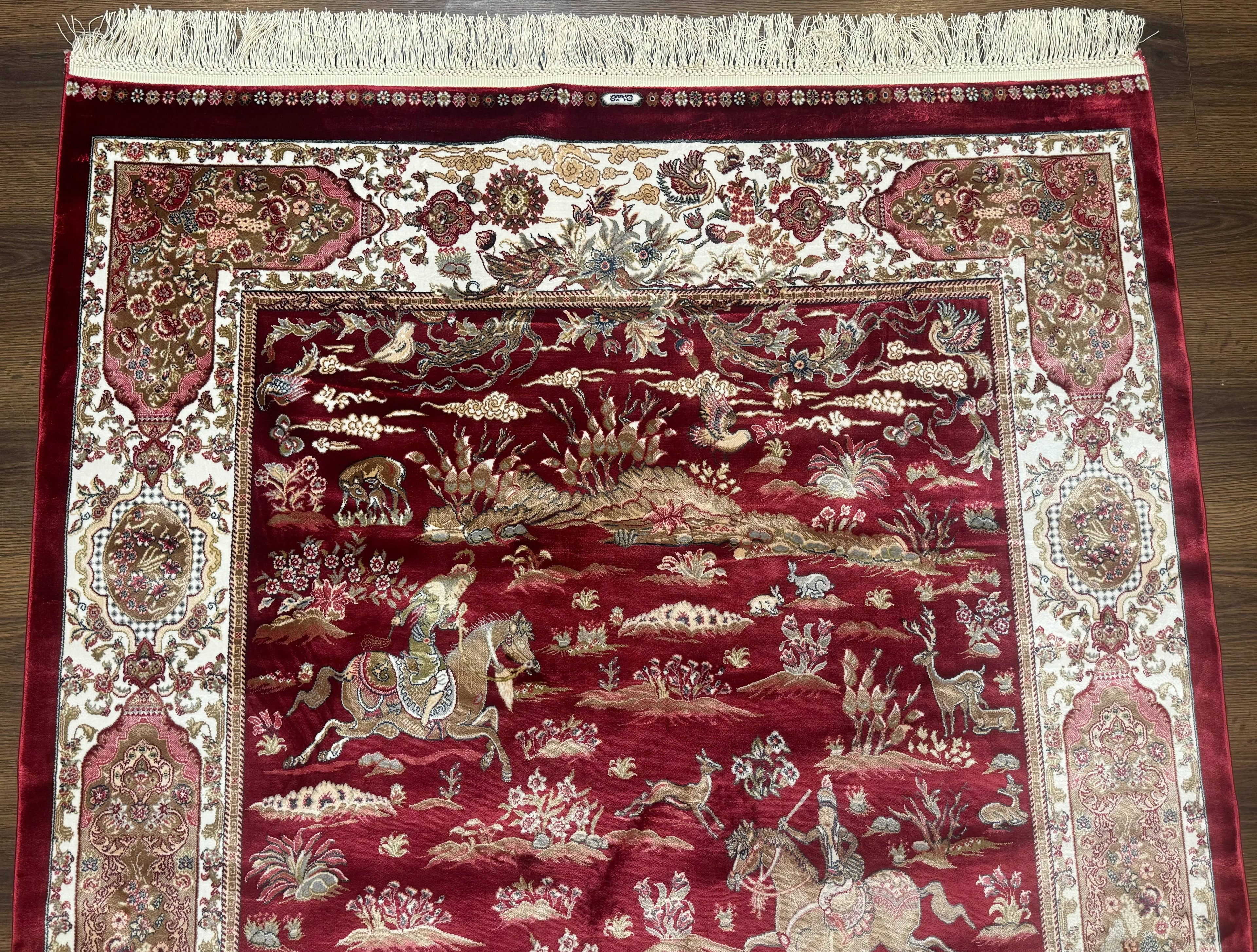 Turkish Silk Hunting Design Rug 4x6, Dark Red & Ivory, Bamboo Silk, New