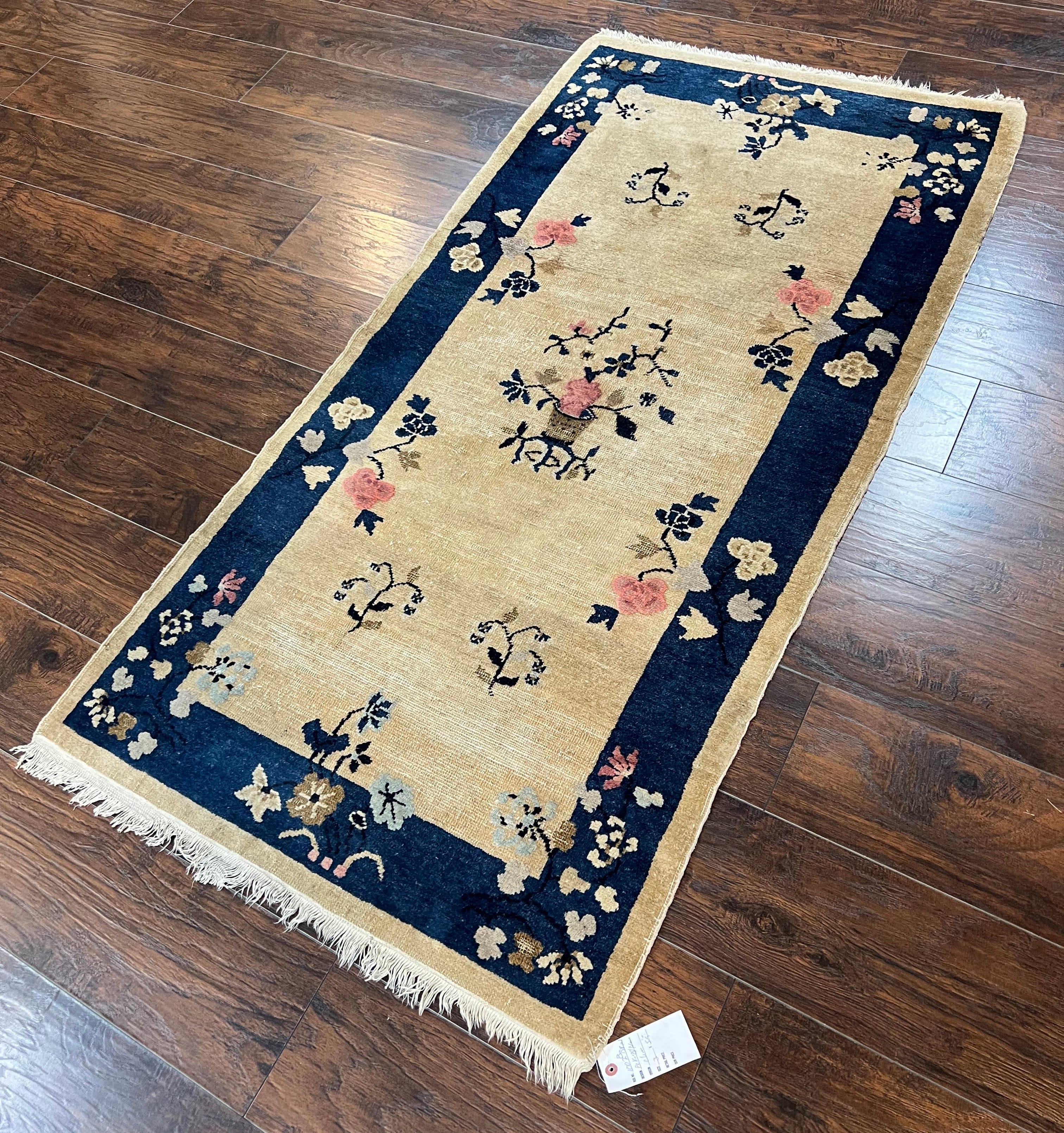 Antique Chinese Peking Rug 3x6, Beige and Dark Blue Hand Knotted Handmade Asian Oriental Carpet, Floral Vases, Vintage Wool Art Deco Rug