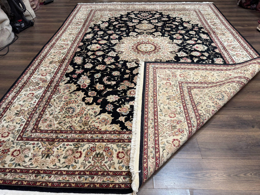 Sino Persian Rug 9x12, Black and Beige, Floral Medallion, Wool & Silk, Handmade