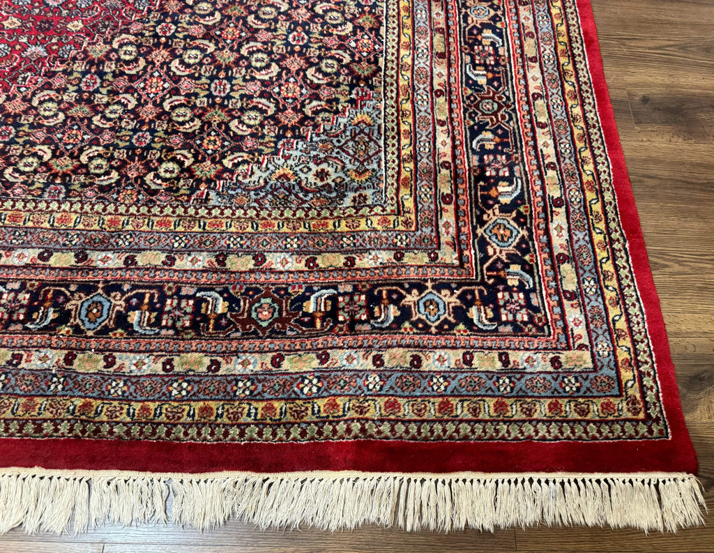 Indo Persian Bidjar Rug 10x14, Red and Dark Blue, Herati Mahi Pattern, Vintage