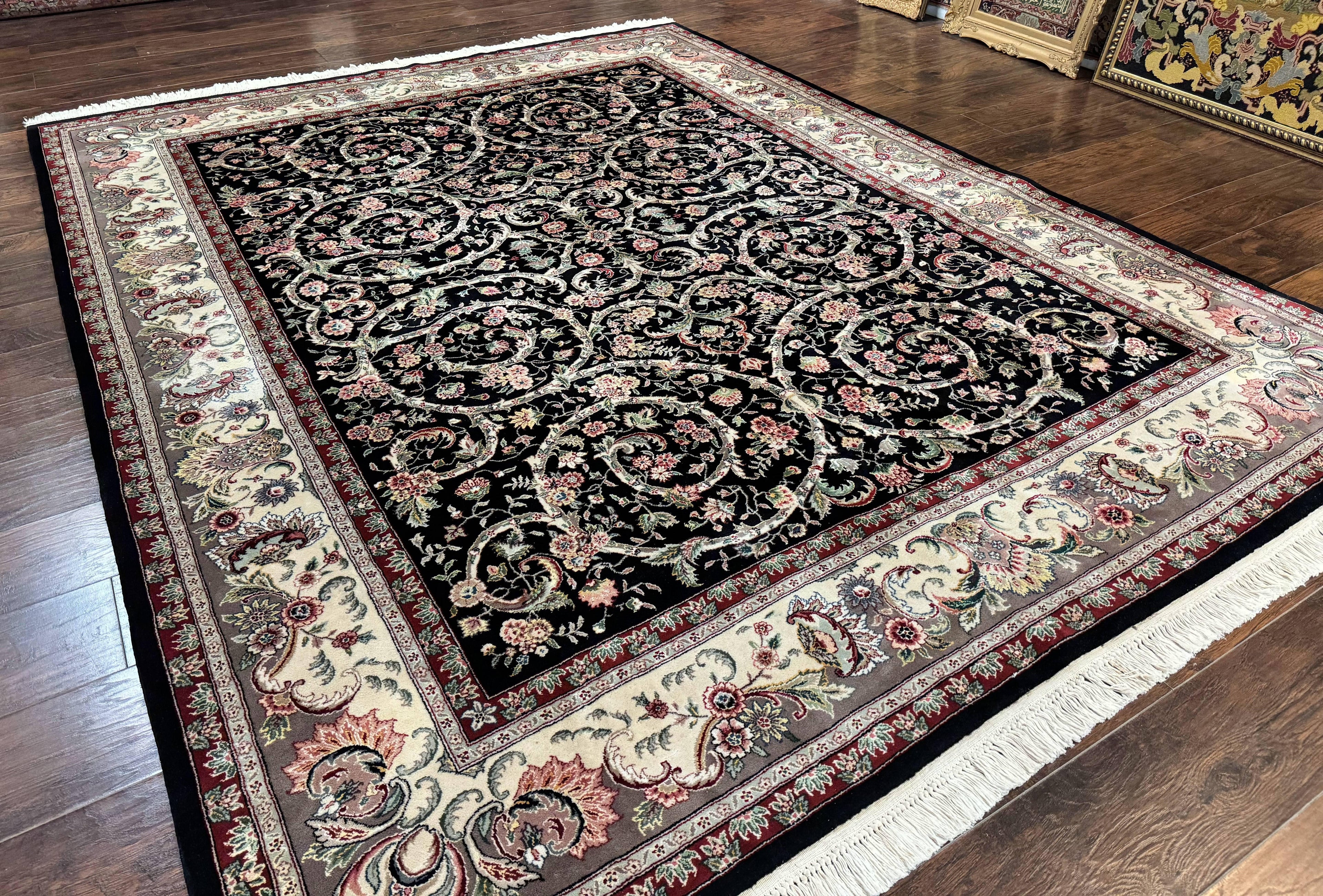Black Pak Persian Rug 8x11, Floral Pattern, Hand Knotted Vintage Wool Rug with Silk Highlights, Fine 200 KPSI