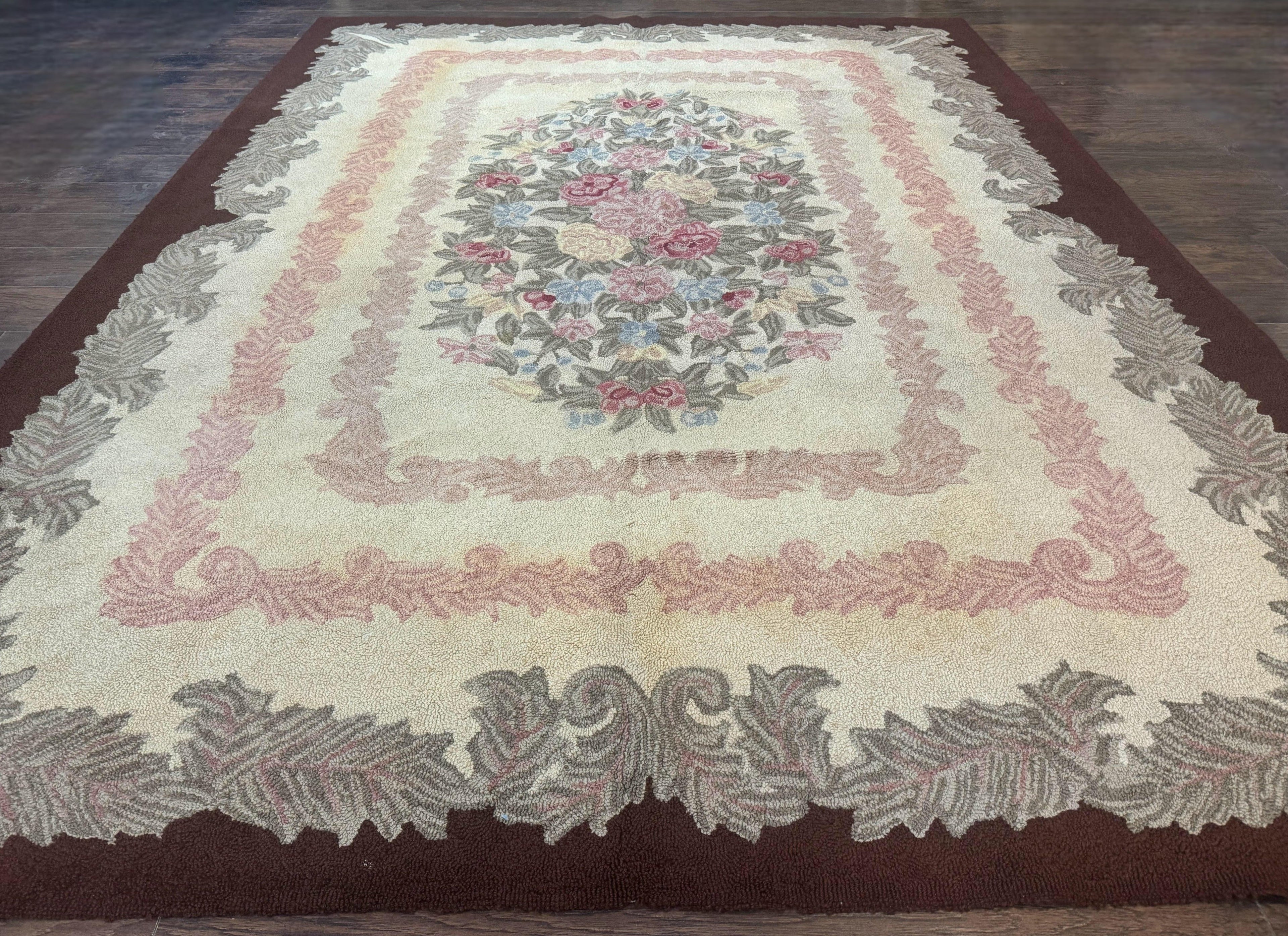 American Hand Hooked Rug 9x12, Vintage Aubusson Carpet, Wool