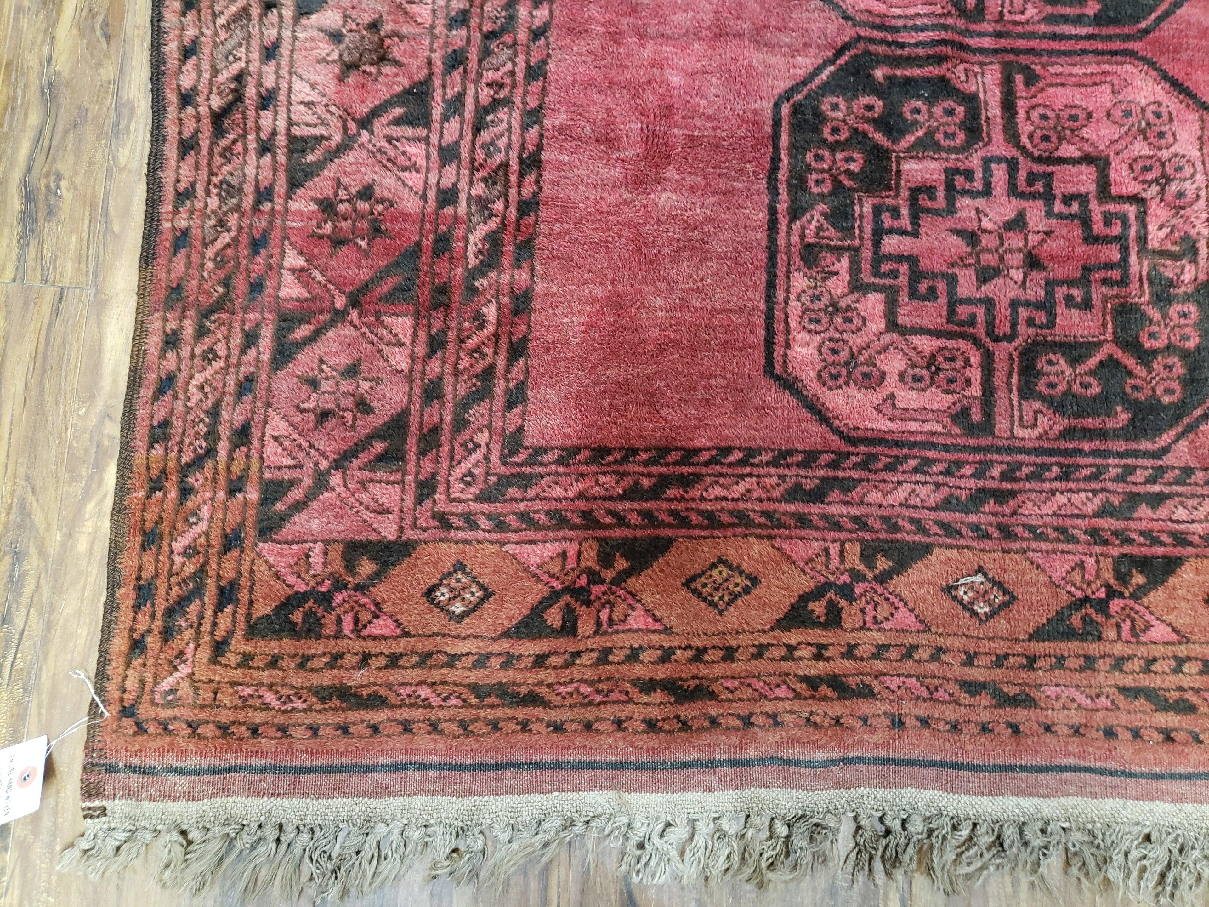 Antique Bukhara Area Rug, Vintage Afghan Bokhara Bashir Rug, 4x6 Hand-Knotted Oriental Carpet, Red & Black Wool Rug, 4' x 5'9