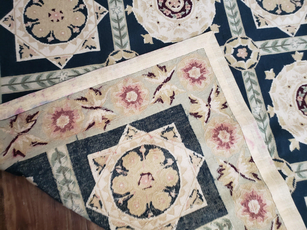Vintage Chinese Needlepoint Rug 6x9, Panel Design Area Rug Wool Hand-Woven Black & Ivory Carpet Flat Weave Bedroom Rug 6 x 9 Living Room Rug