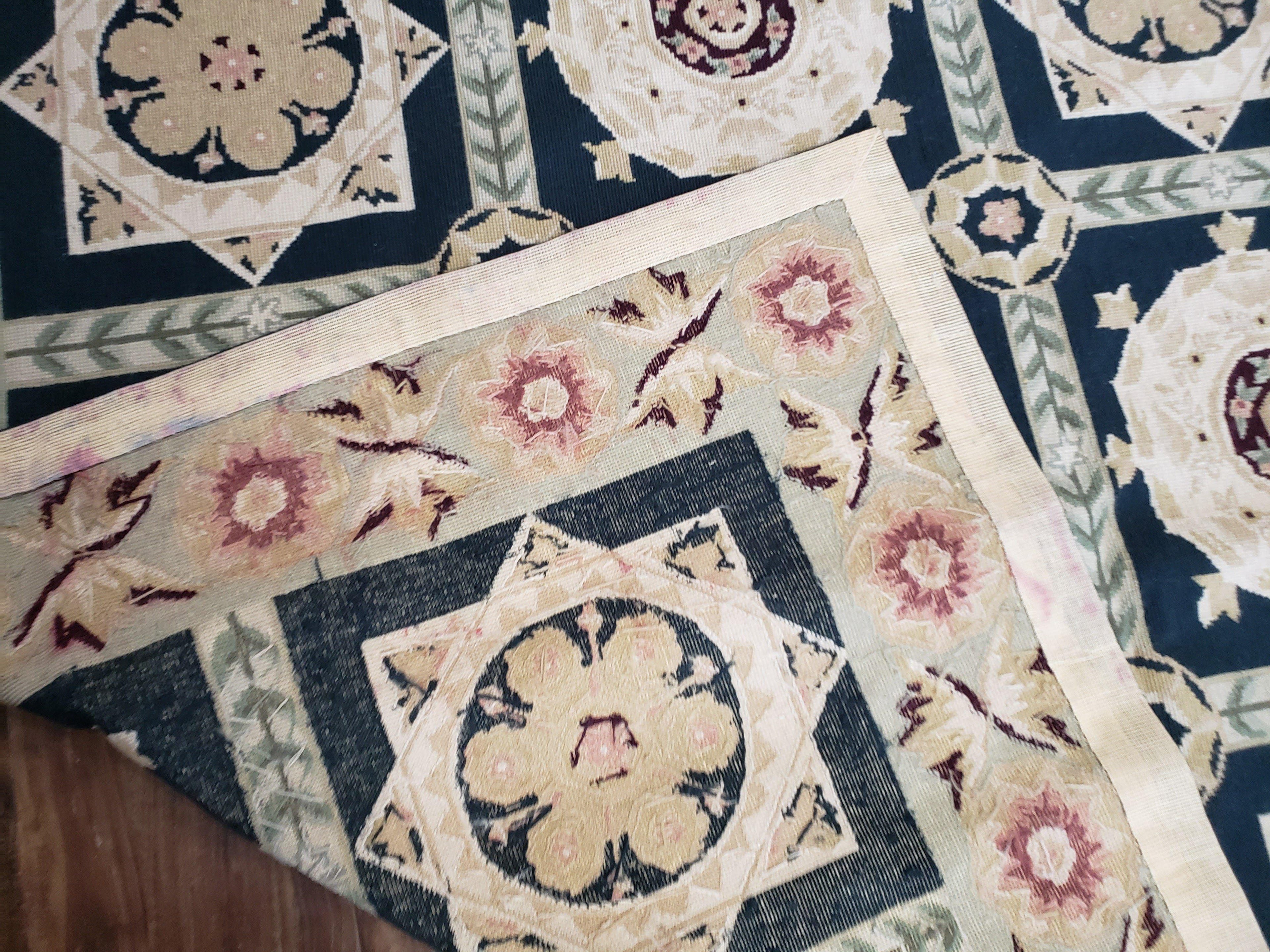 Vintage Chinese Needlepoint Rug 6x9, Panel Design Area Rug Wool Hand-Woven Black & Ivory Carpet Flat Weave Bedroom Rug 6 x 9 Living Room Rug