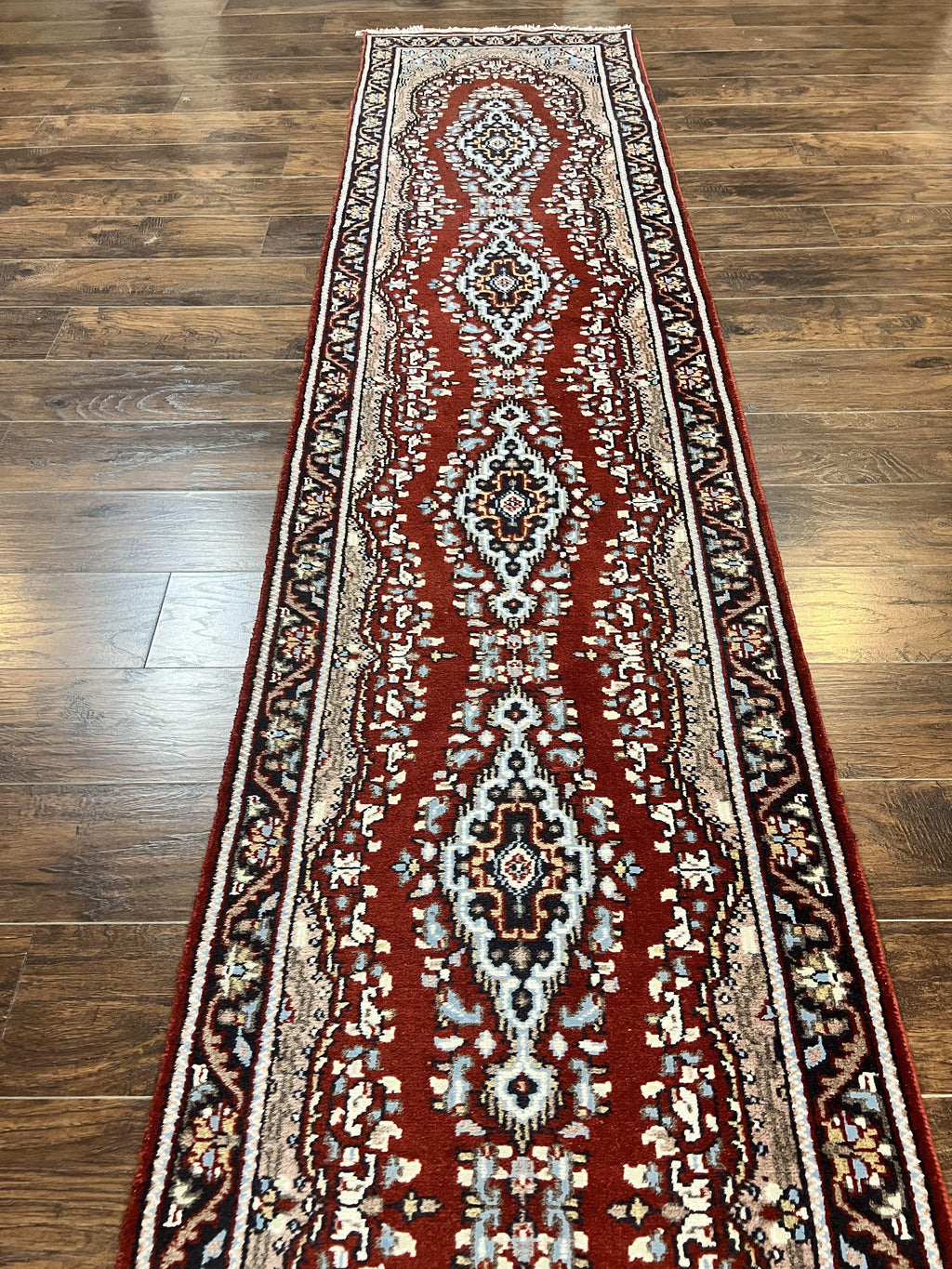 Indo Persian Runner Rug 2.8 x 14.8, Long Indo Kirman Hallway Rug, Red Floral Wool Vintage Handmade Oriental Runner