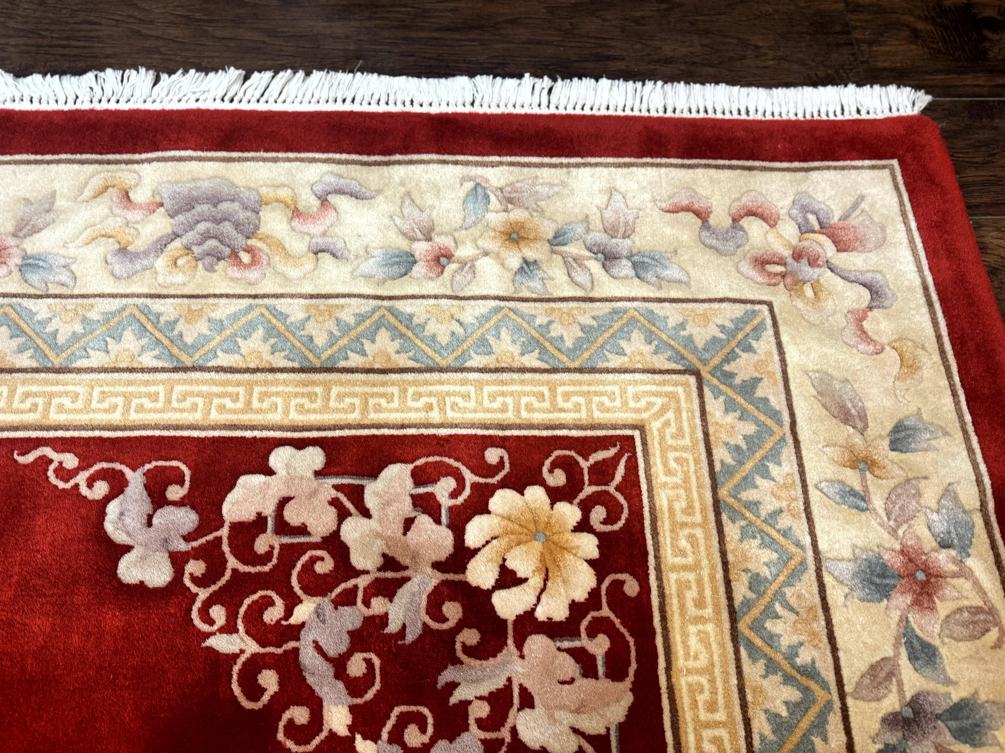 Chinese Wool Rug 8.6 x 11, Red and Beige Asian Oriental Carpet, Plush Pile, Vintage Handmade Chinese Carving Sculpted Rug, Semi Open Field