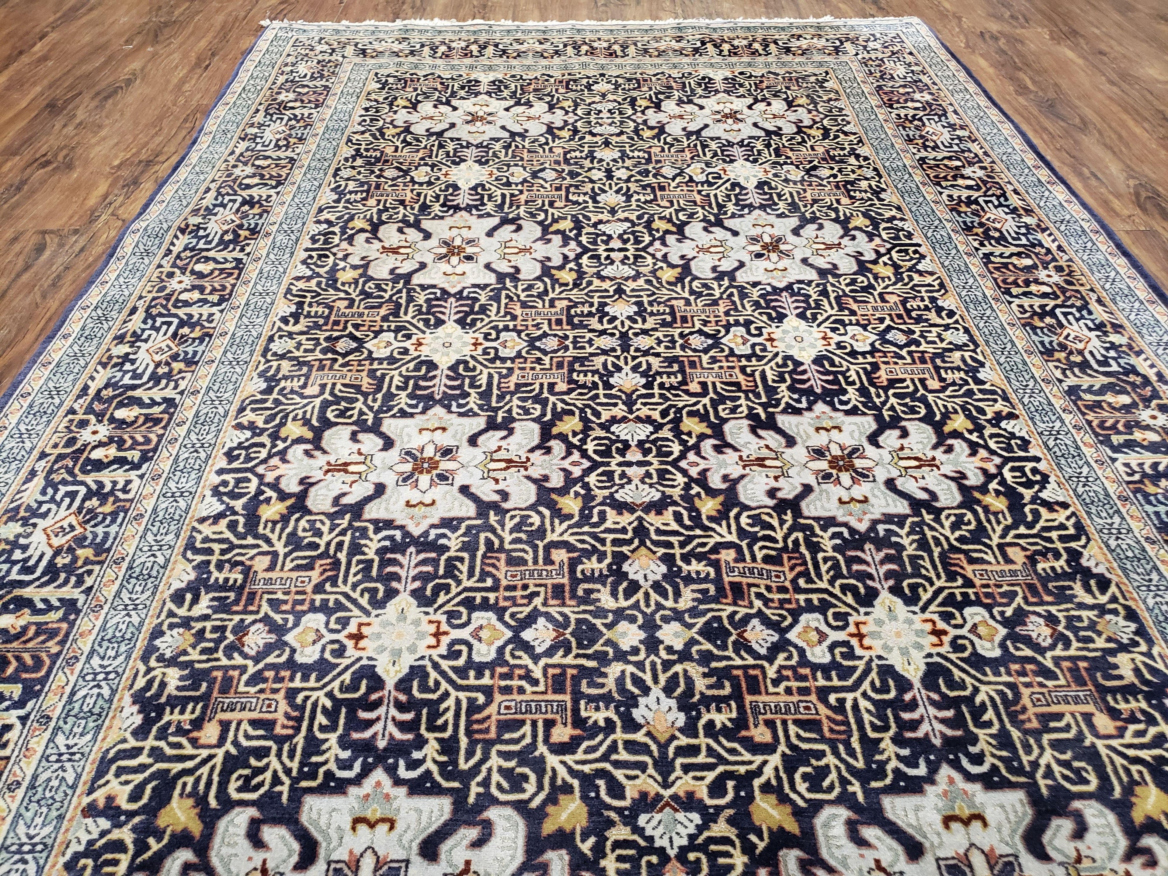 Persian Kashan Rug, Navy Blue, Hand-Knotted, Wool, 4' 8" x 7' 4", Pair A
