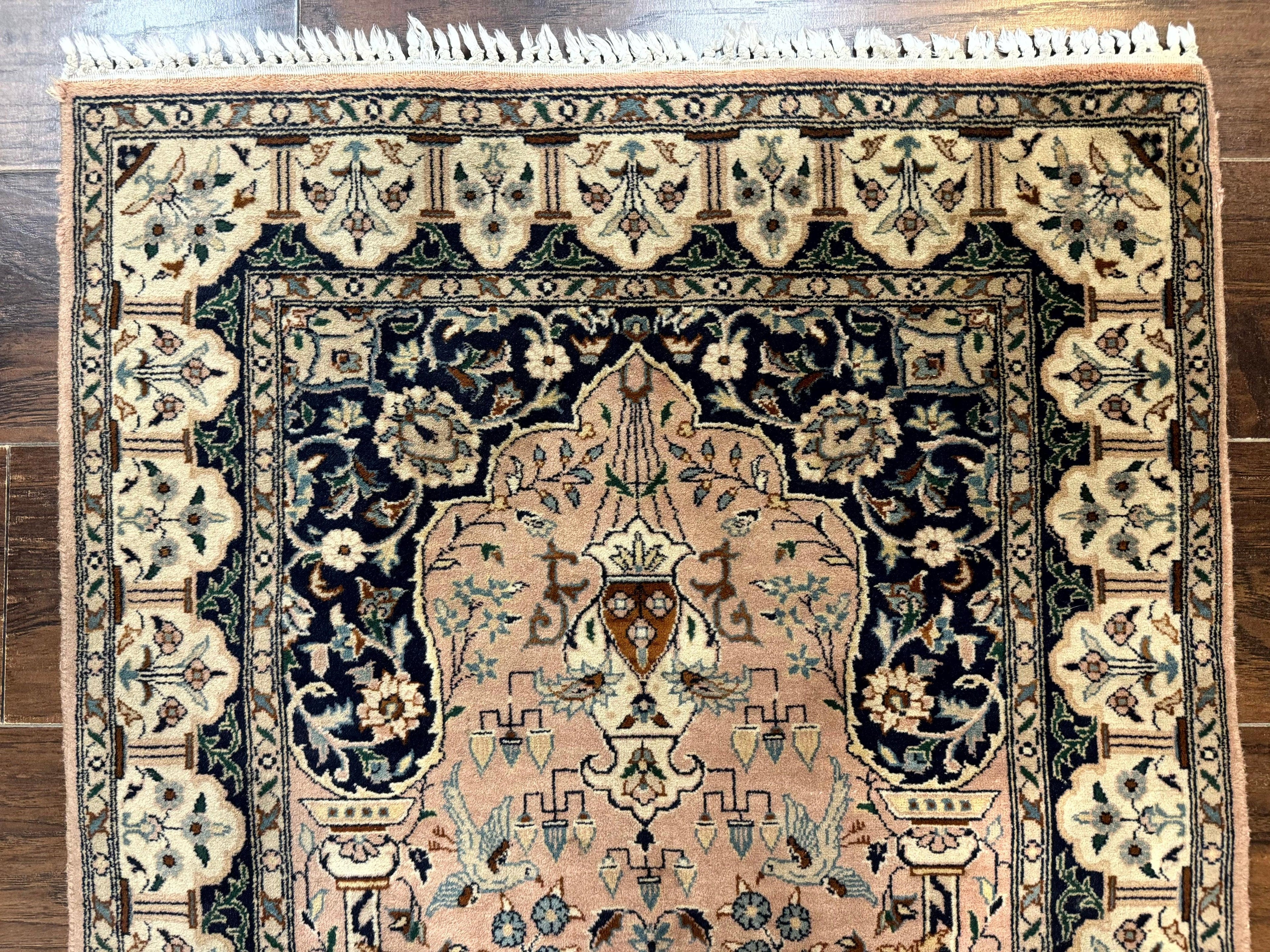 Small Tree of Life Prayer Rug, Pak Persian Rug 2.7 x 4, , Birds, Lantern, Handmade Vintage Fine 260 KPSI