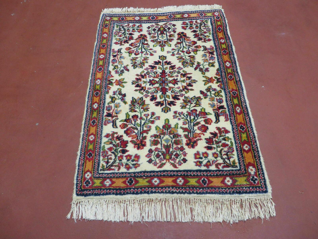 Small Persian Rug 2 x 3, Tiny Persian Sarouk Carpet, Cream Navy Blue Red, Floral Medallion, Vintage Wool Rug, Handmade Hand-Knotted Oriental Rug