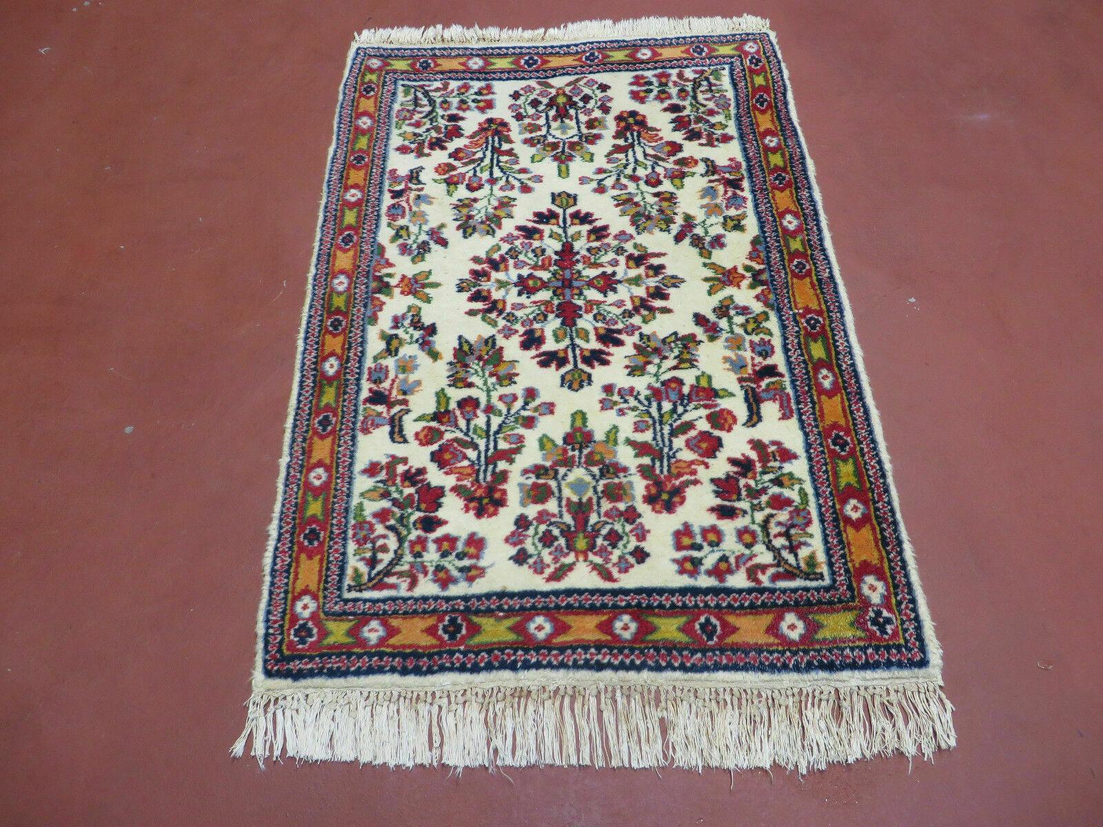 Small Persian Rug 2 x 3, Tiny Persian Sarouk Carpet, Cream Navy Blue Red, Floral Medallion, Vintage Wool Rug, Handmade Hand-Knotted Oriental Rug