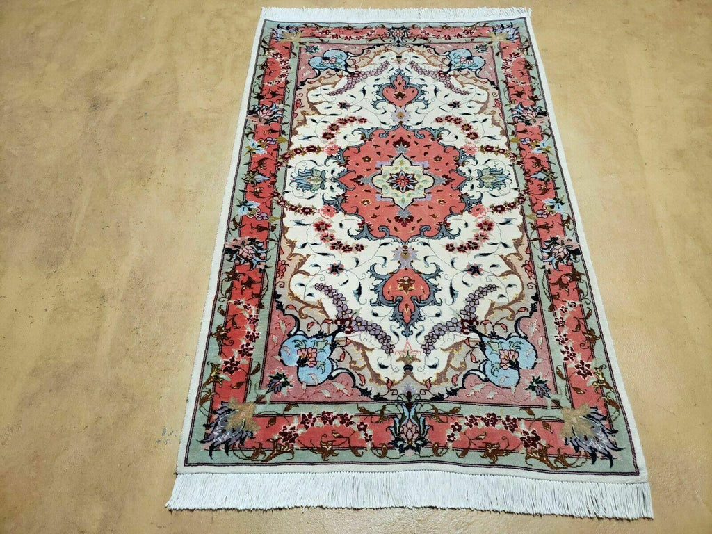 Small Vintage Persian Tabriz Wool and Silk Rug 2.5 x 4 ft, Very Finely Hand Knotted, Medallion, Ivory Salmon Light Blue, Top Quality, Pair A
