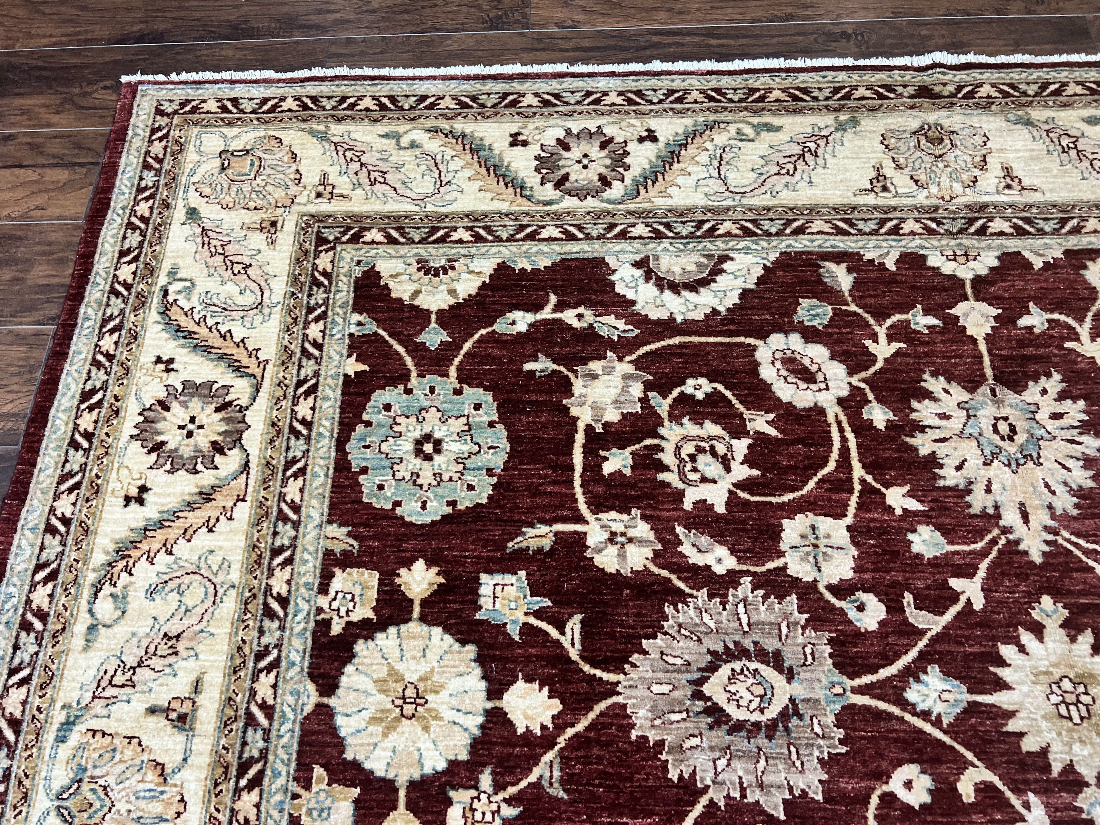 Peshawar Rug 9x11, Pakistani Oriental Carpet, Maroon and Beige, Floral Allover, Wool Hand Knotted Handmade Vintage Rug