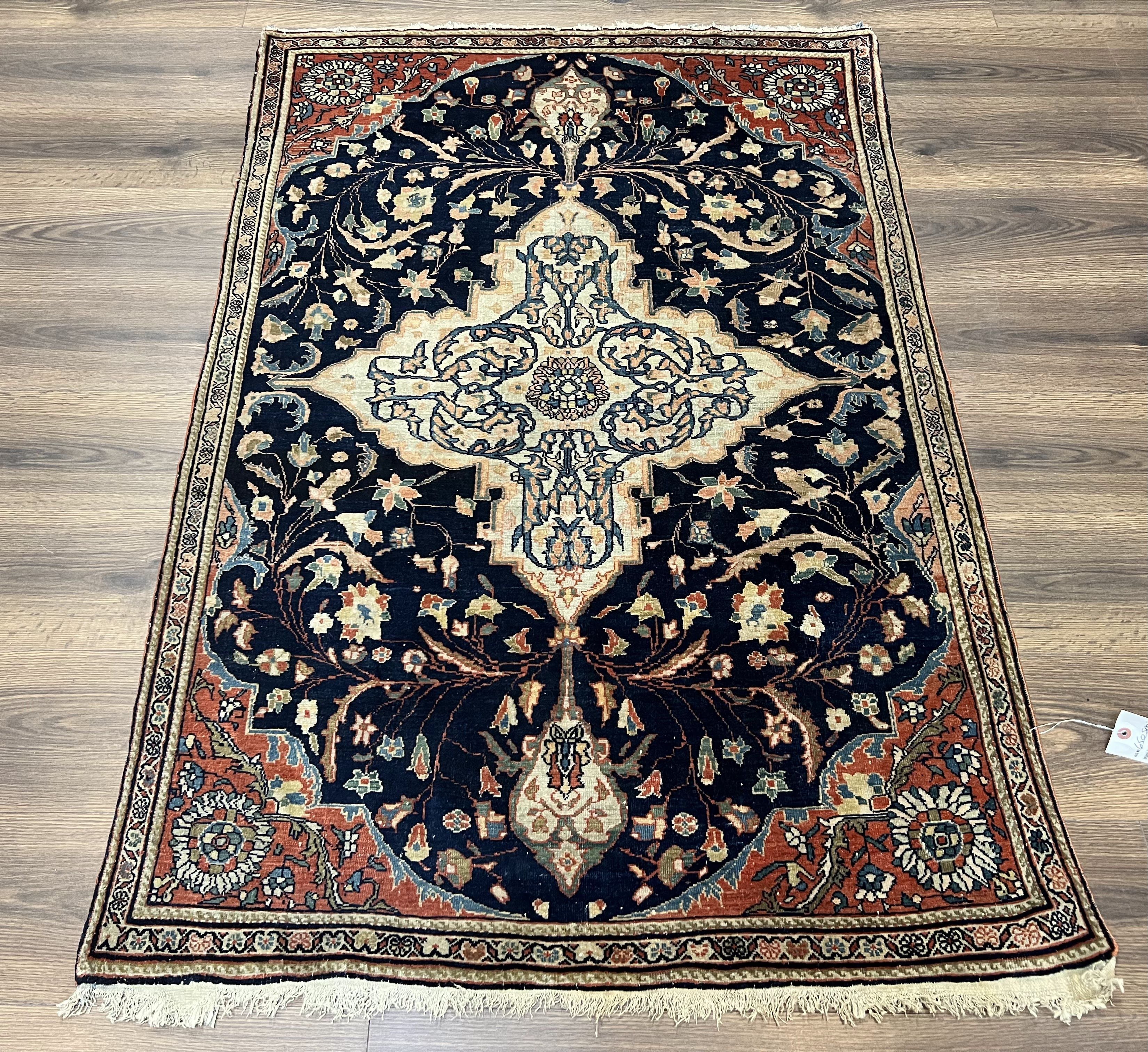 Antique Persian Rug 3.5 x 5, Sarouk Farahan Rug, High Quality 1920s Fine Oriental Carpet 3 x 5 ft, Large Medallion, Floral, Navy Blue Red, Hand Knotted Wool Rug
