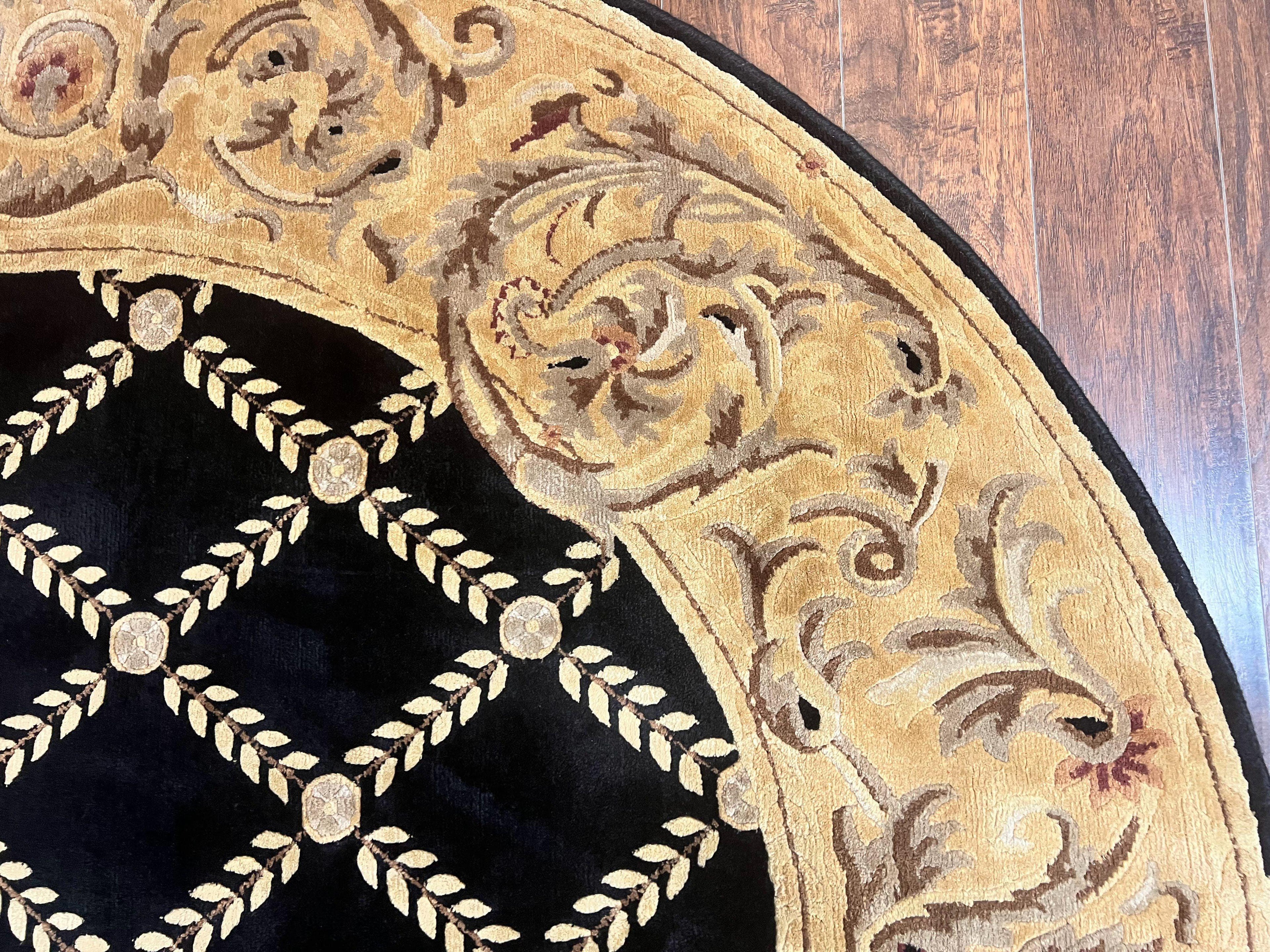 Oval Tibetan Rug 8x10, French Aubusson Design, Wool Handmade Vintage Carpet, Black & Beige, Soft Wool Pile