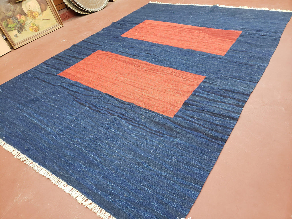 Blue and Red Turkish Kilim Rug, New 6x9 - 7x10 Flatweave Area Rugs, Hand Woven, Wool Handmade Oriental Kilim Abstract Modern Boho, Minimal